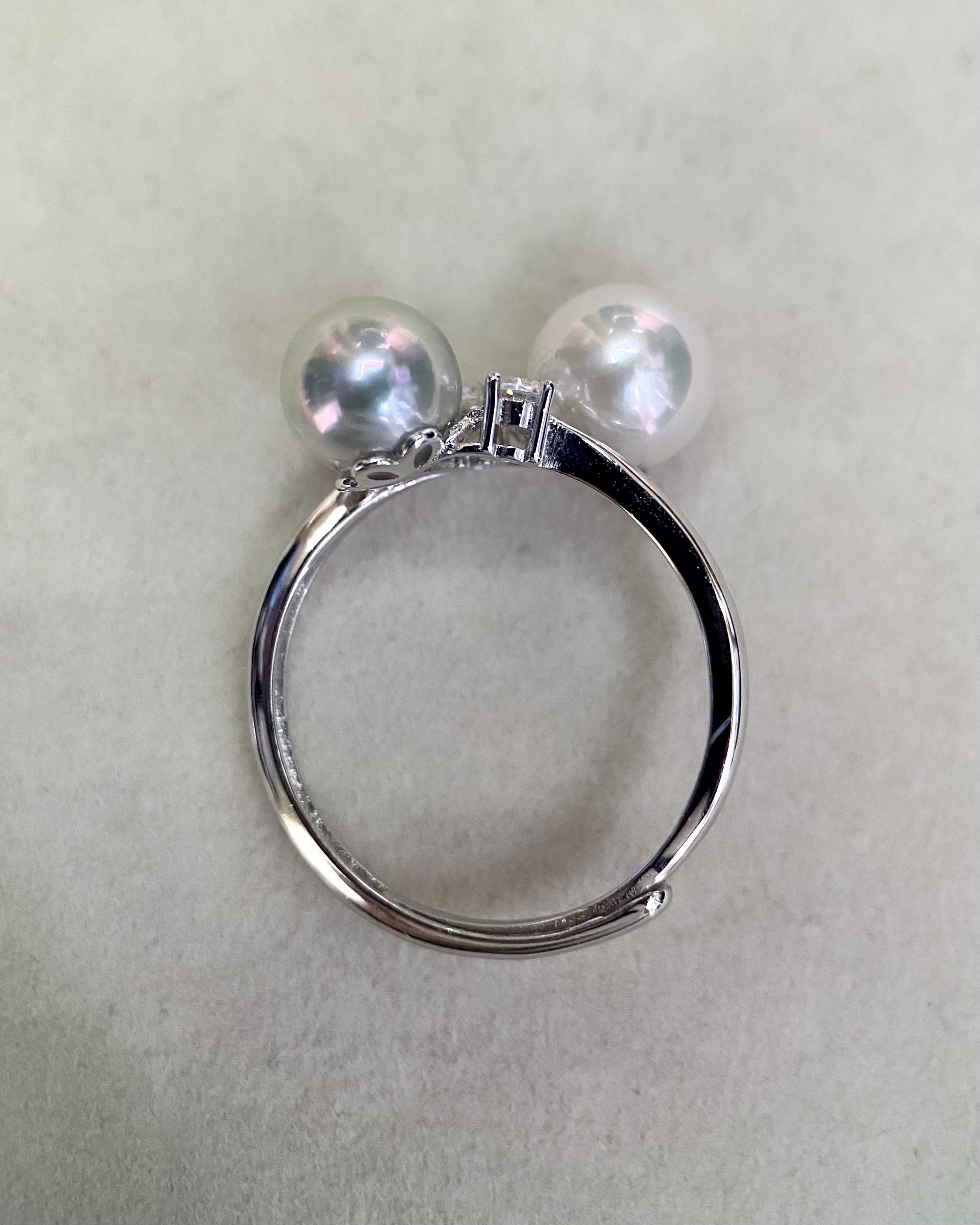 Specially Selected 7mm Japanese Akoya Dual-Pearl Ring, White/Silver Grey with Soft Pink Overtones, S925 Adjustable Band with Sparkle White Cubic Zirconia