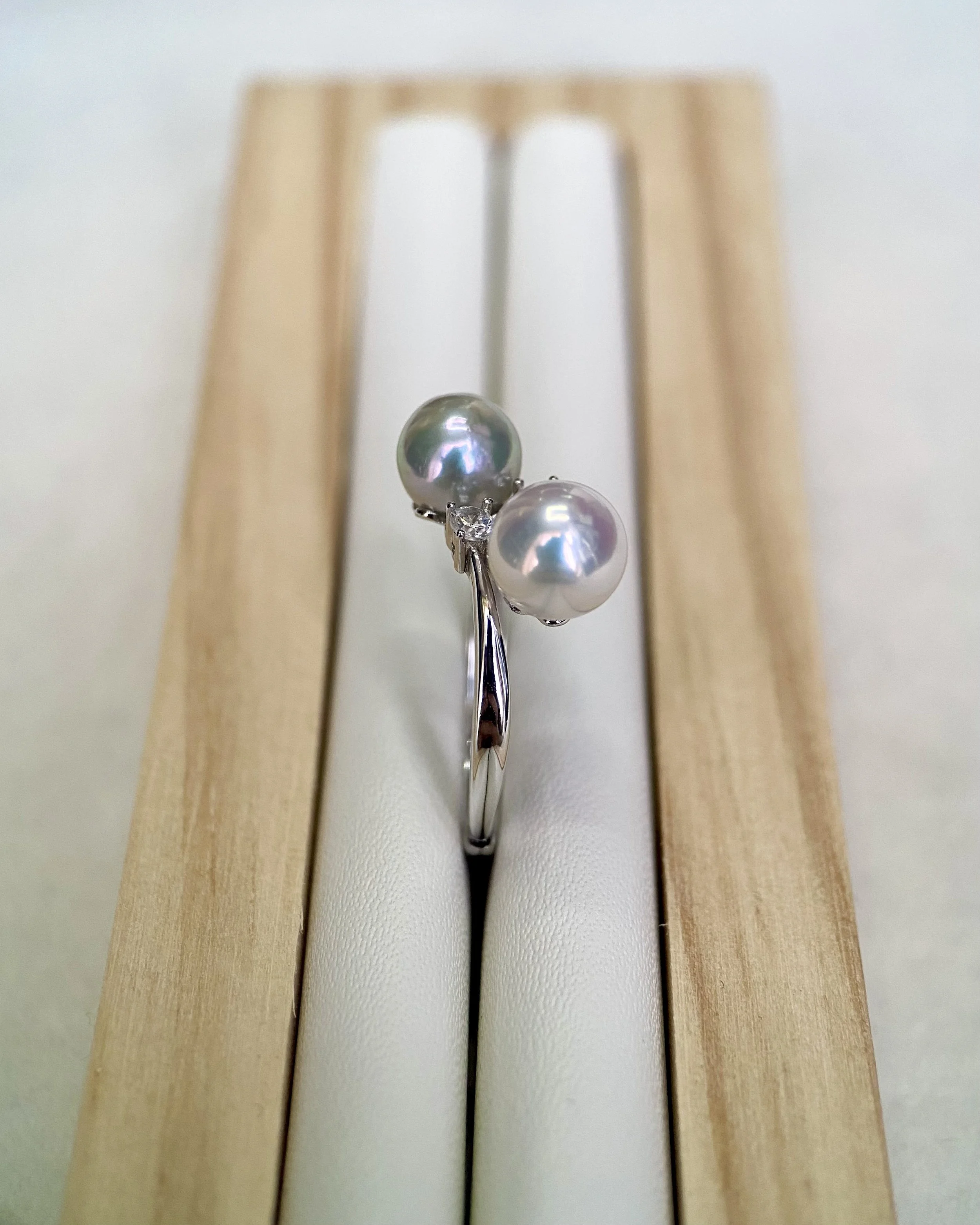 Specially Selected 7mm Japanese Akoya Dual-Pearl Ring, White/Silver Grey with Soft Pink Overtones, S925 Adjustable Band with Sparkle White Cubic Zirconia