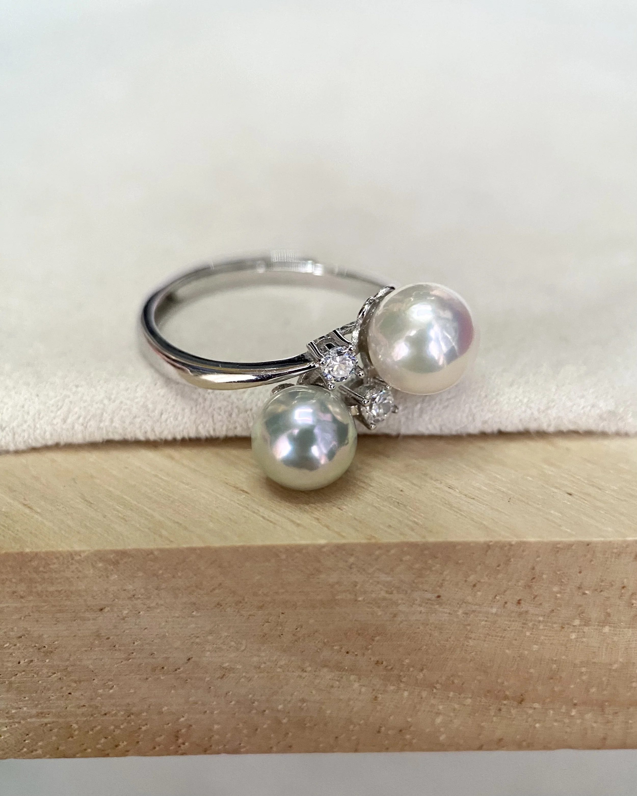 Specially Selected 7mm Japanese Akoya Dual-Pearl Ring, White/Silver Grey with Soft Pink Overtones, S925 Adjustable Band with Sparkle White Cubic Zirconia