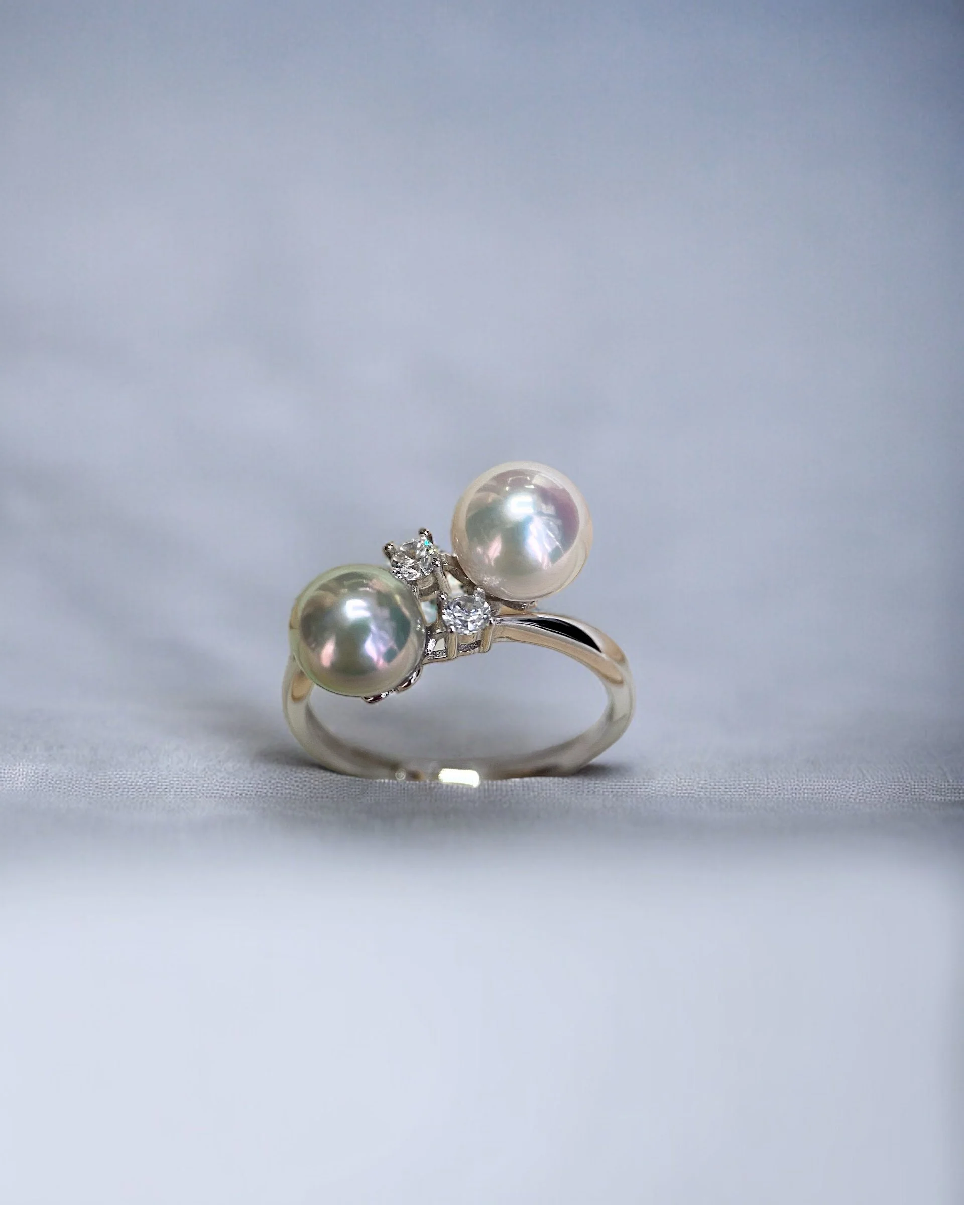 Specially Selected 7mm Japanese Akoya Dual-Pearl Ring, White/Silver Grey with Soft Pink Overtones, S925 Adjustable Band with Sparkle White Cubic Zirconia