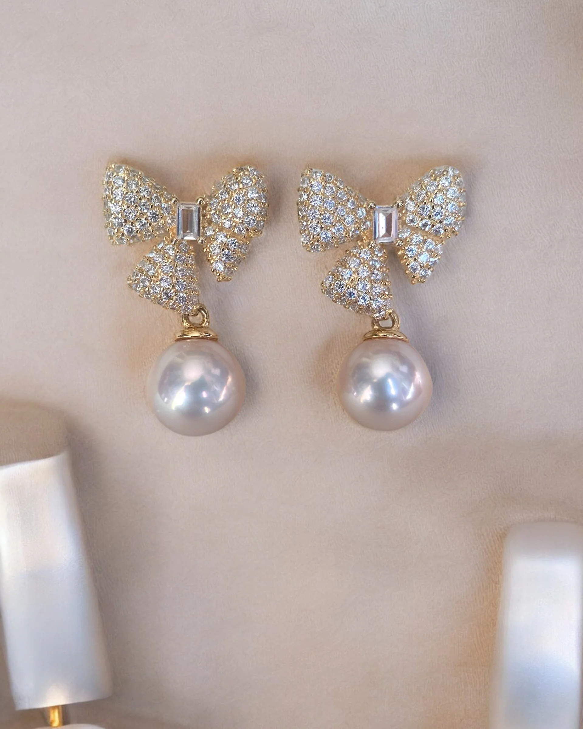 Flawless Round 8mm Japanese Rose Pink Freshwater Pearl Earrings, Dynamic S925 Butterfly Bow Design, Pave White Zirconia, Mirror-Like Lustre Starlit Pearls