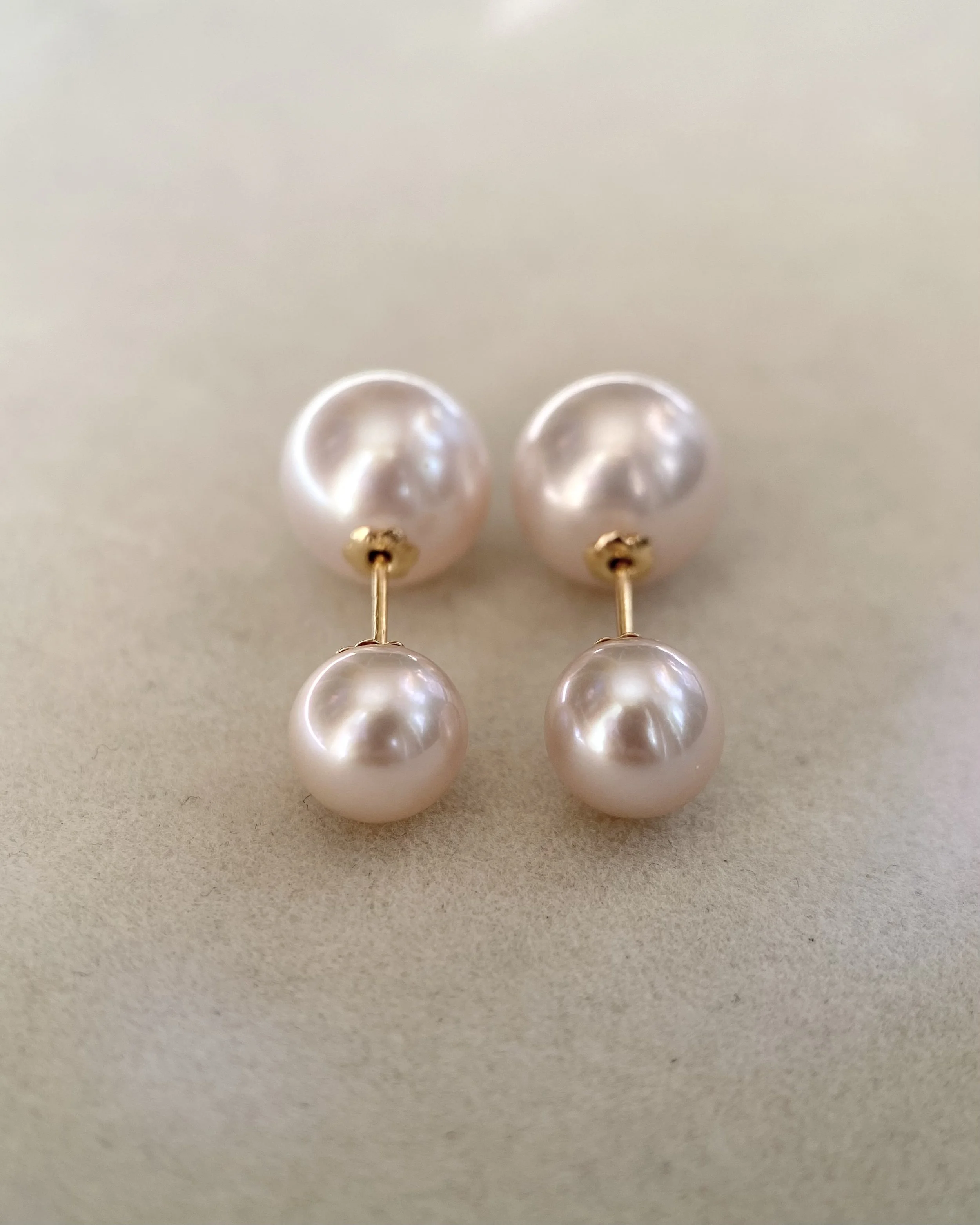Aurora Lustre 7.4mm/9.5mm Japanese Freshwater Rose Pink Double Pearl Earrings, Versatile Multi-Way, Emma's Style Inspired, 18K Gold Fittings