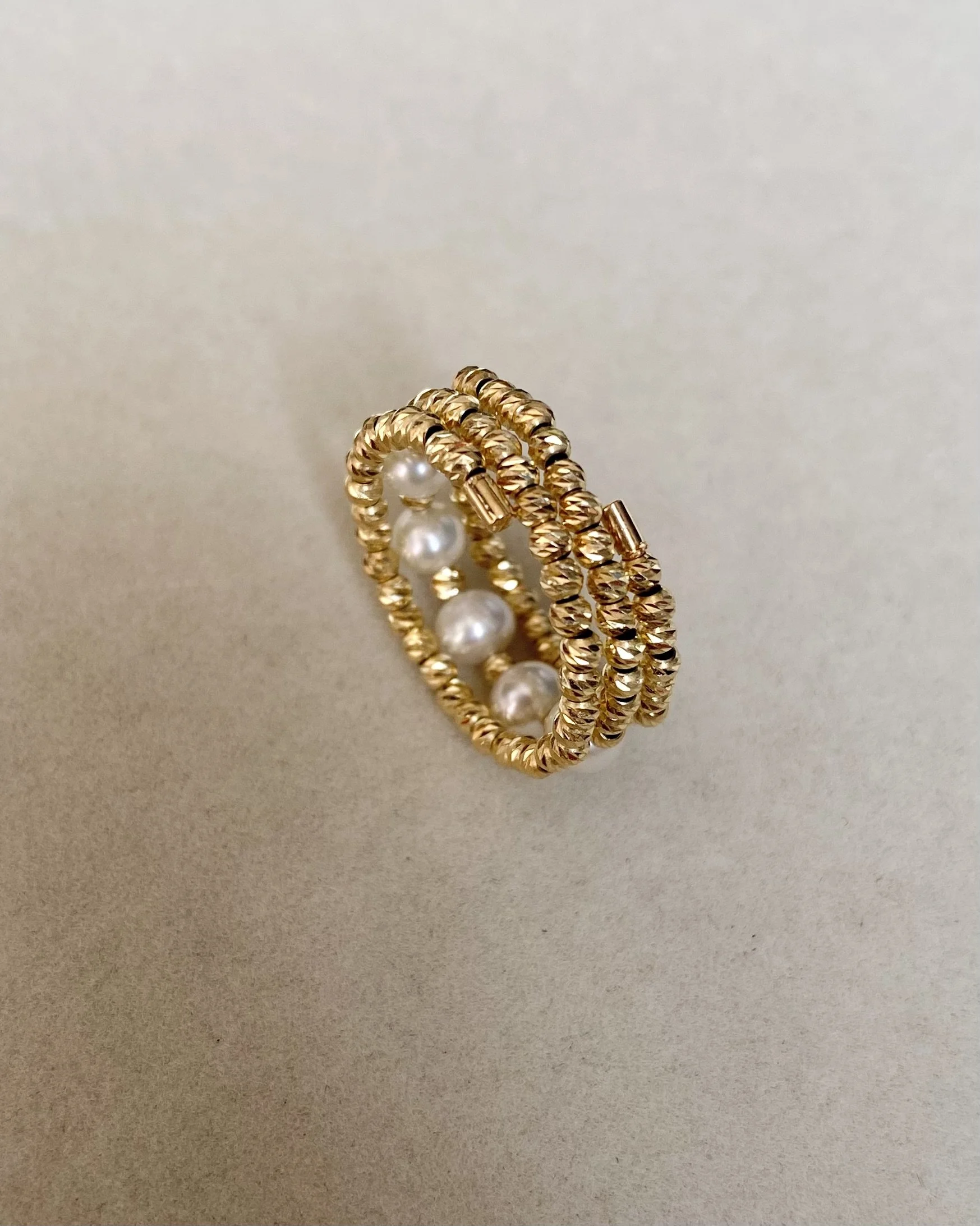 Flawless 4-4.5mm White Freshwater Pearl Ring, Triple-Stacked Japanese 18K Solid Gold Sparkle Faceted Beads, Stretchable Design, Fits Most Sizes
