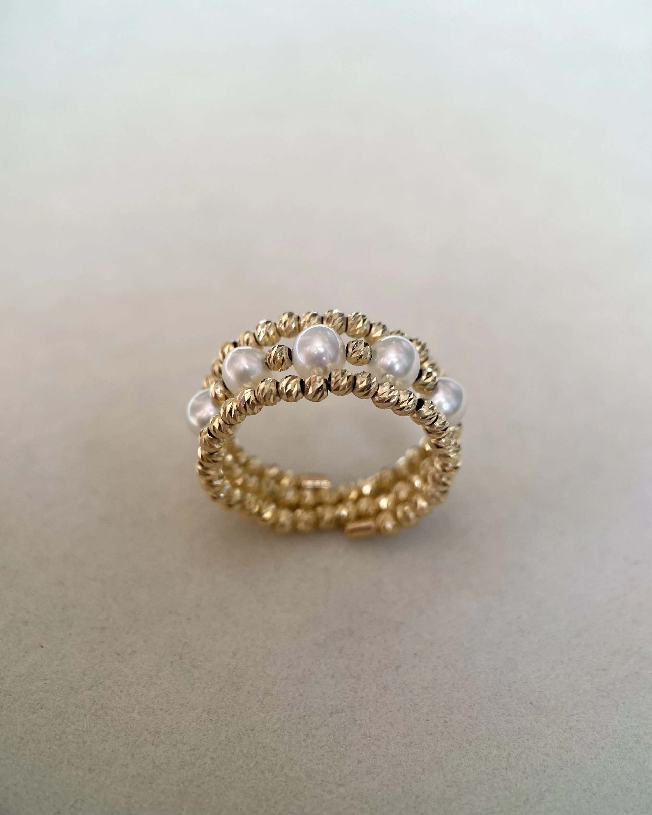 Flawless 4-4.5mm White Freshwater Pearl Ring, Triple-Stacked Japanese 18K Solid Gold Sparkle Faceted Beads, Stretchable Design, Fits Most Sizes