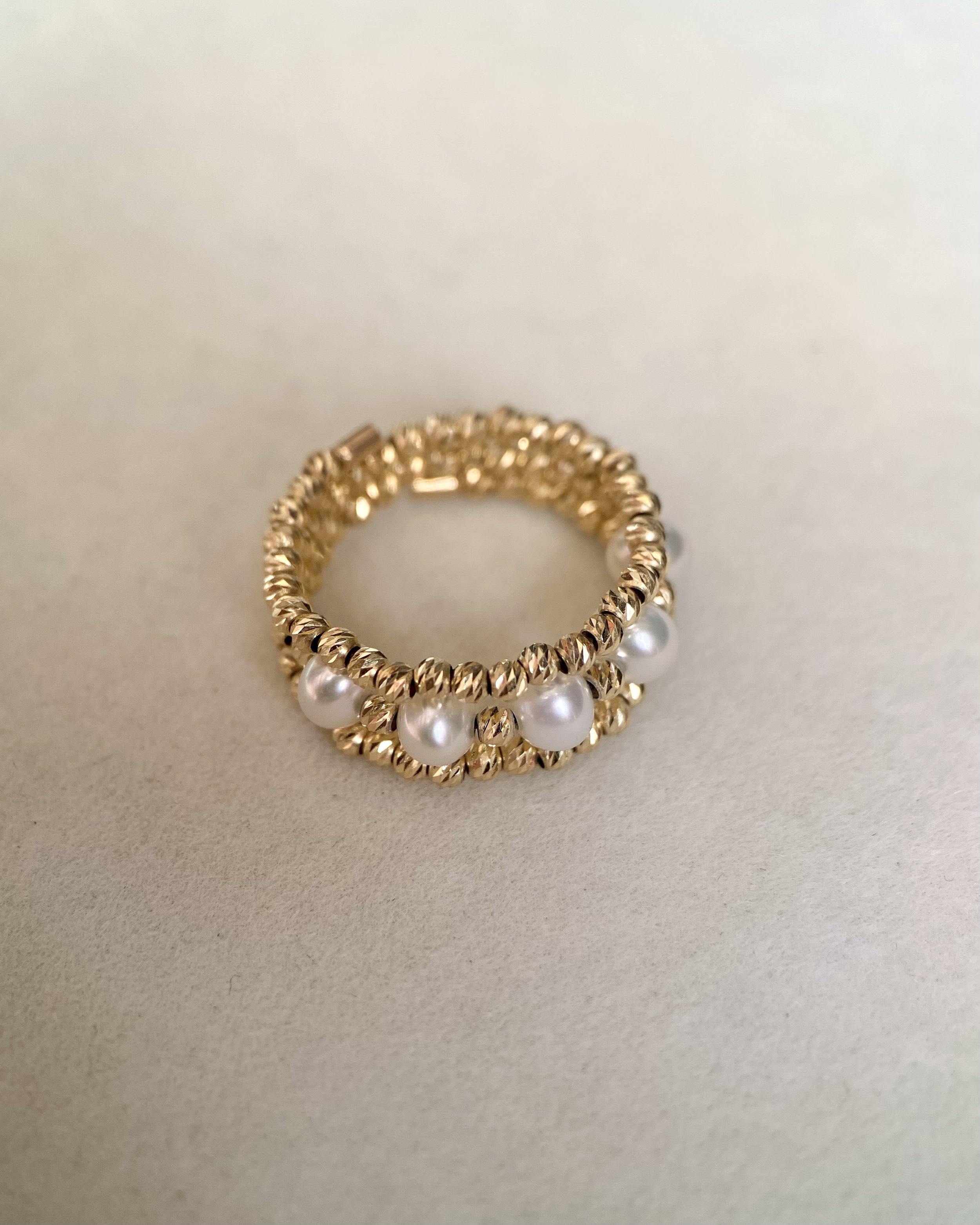 Flawless 4-4.5mm White Freshwater Pearl Ring, Triple-Stacked Japanese 18K Solid Gold Sparkle Faceted Beads, Stretchable Design, Fits Most Sizes