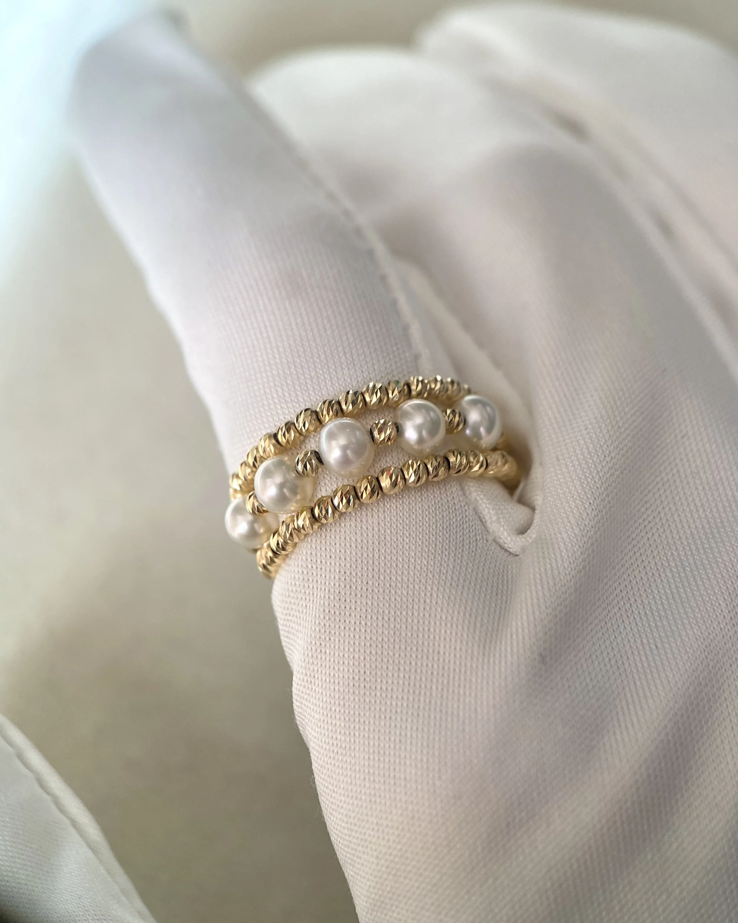 Flawless 4-4.5mm White Freshwater Pearl Ring, Triple-Stacked Japanese 18K Solid Gold Sparkle Faceted Beads, Stretchable Design, Fits Most Sizes