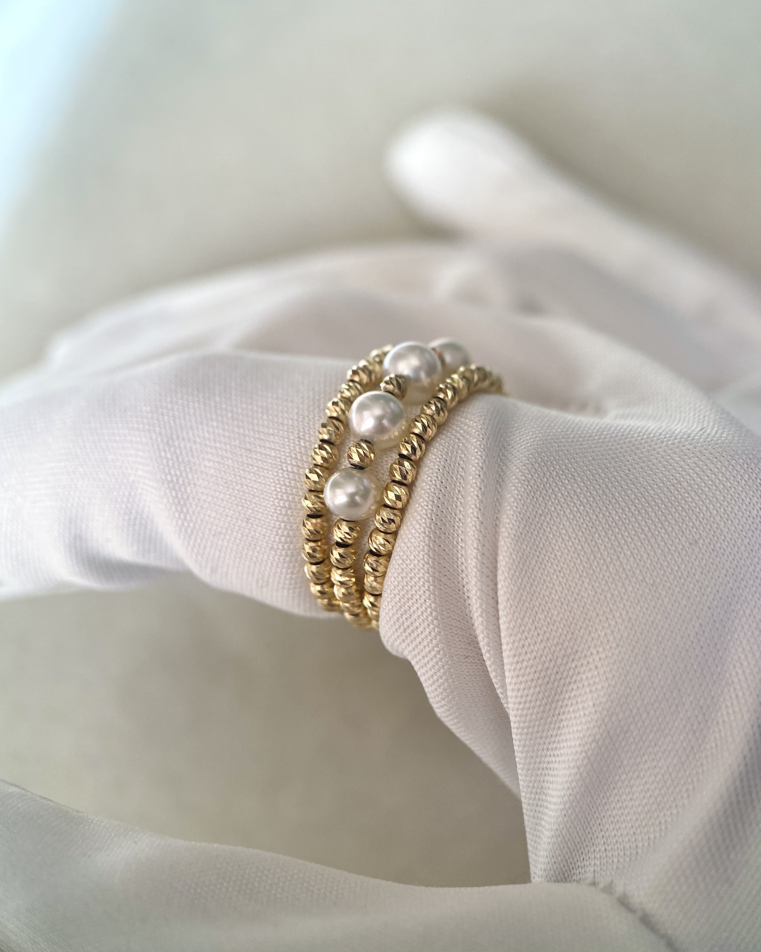 Flawless 4-4.5mm White Freshwater Pearl Ring, Triple-Stacked Japanese 18K Solid Gold Sparkle Faceted Beads, Stretchable Design, Fits Most Sizes
