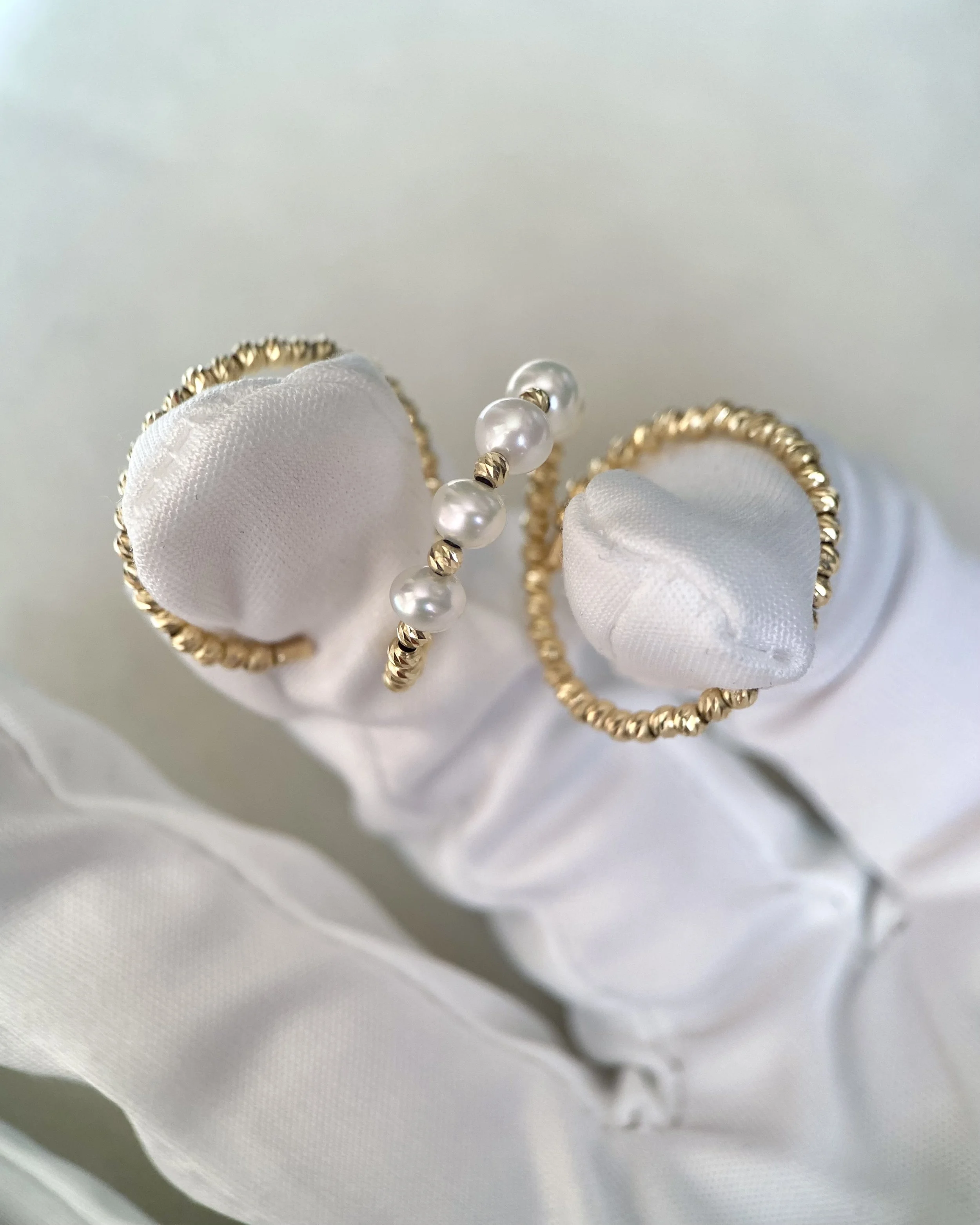 Flawless 4-4.5mm White Freshwater Pearl Ring, Triple-Stacked Japanese 18K Solid Gold Sparkle Faceted Beads, Stretchable Design, Fits Most Sizes