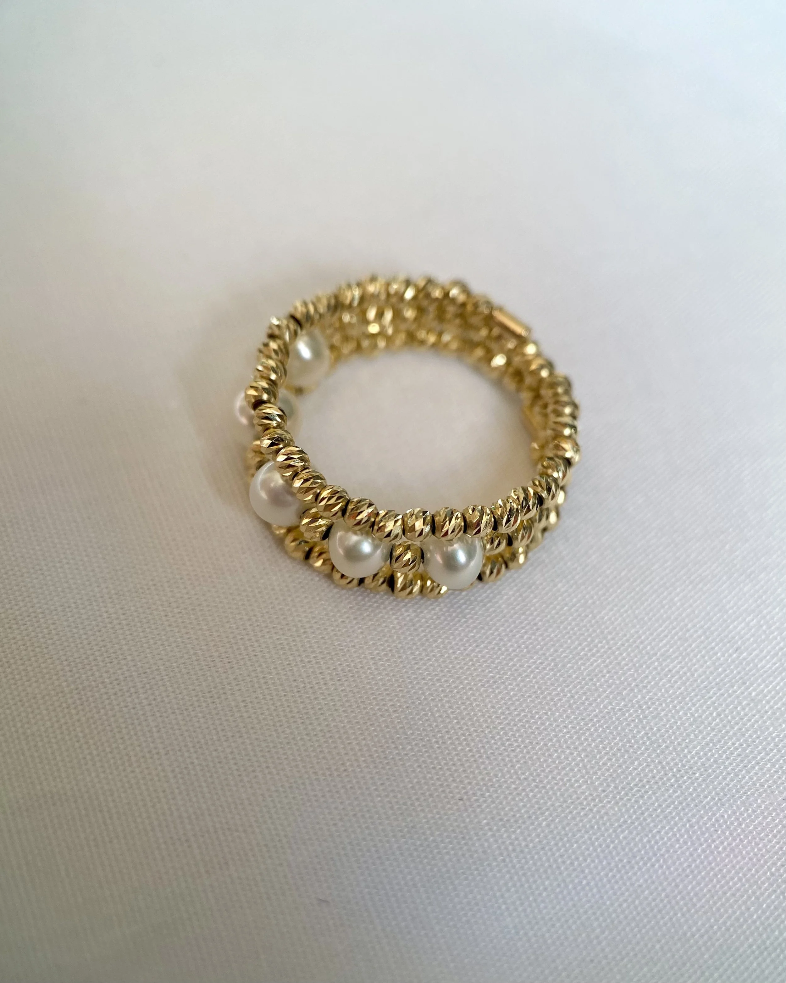 Flawless 4-4.5mm White Freshwater Pearl Ring, Triple-Stacked Japanese 18K Solid Gold Sparkle Faceted Beads, Stretchable Design, Fits Most Sizes