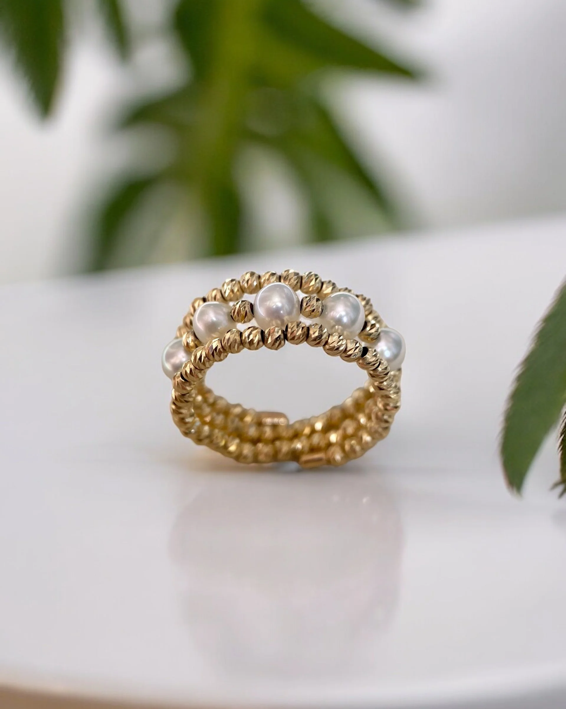 Flawless 4-4.5mm White Freshwater Pearl Ring, Triple-Stacked Japanese 18K Solid Gold Sparkle Faceted Beads, Stretchable Design, Fits Most Sizes