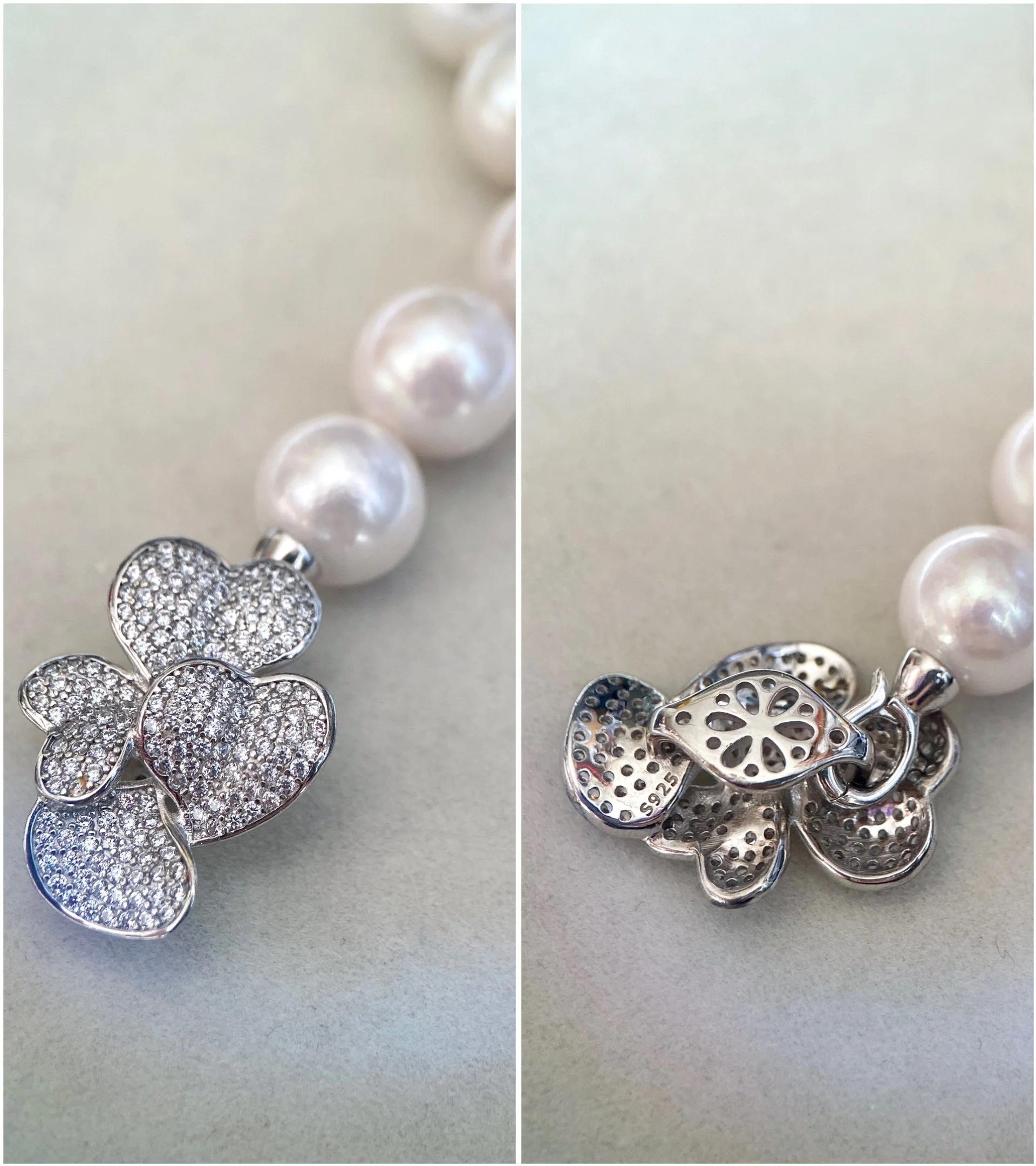 Luxurious Giant 11-14mm White Freshwater Pearl Necklace, High-Quality Round Pearls, Japanese S925 w/ Sparkle CZ Petal Multi-Functional Clasp Starlit Pearls