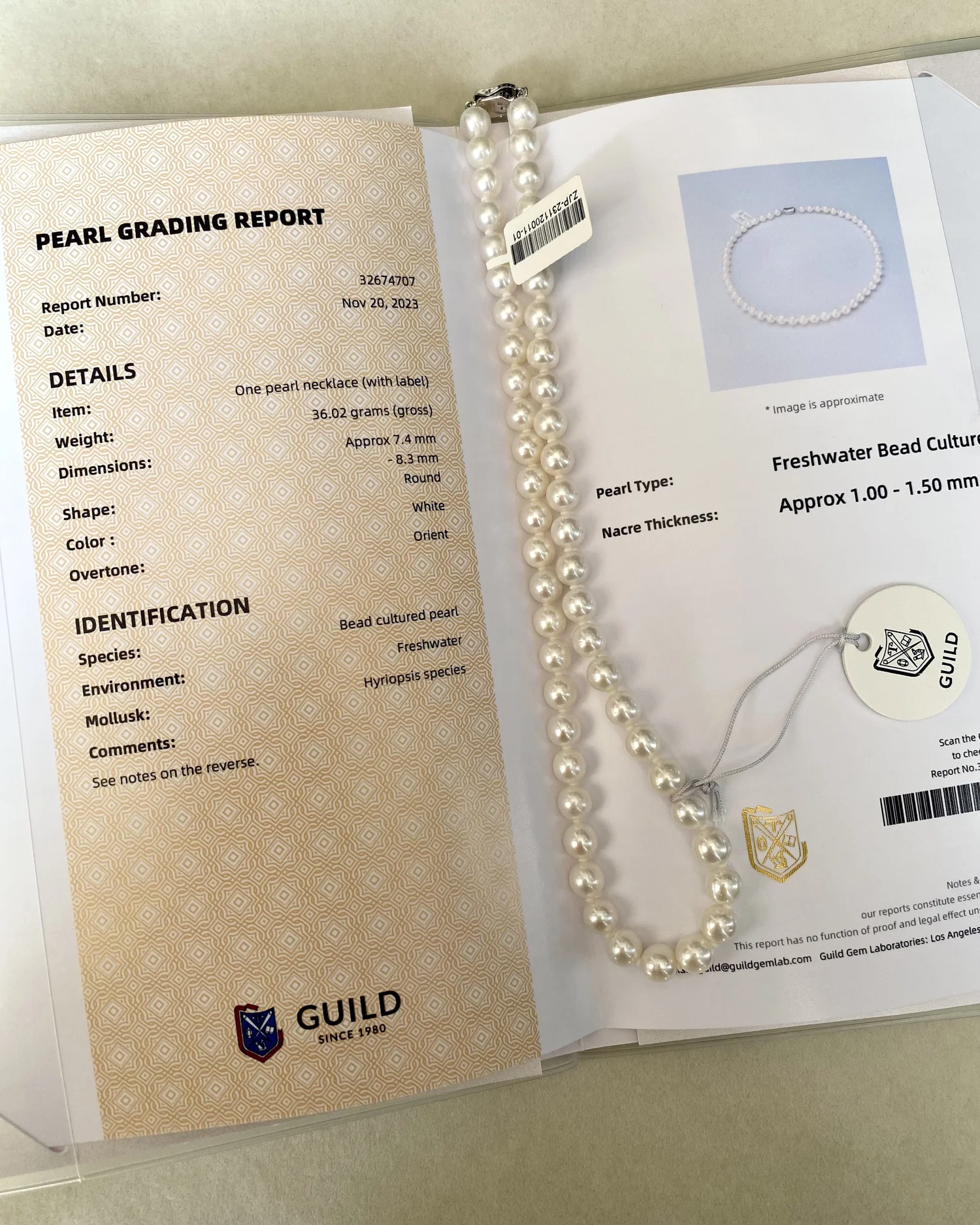 8mm White Freshwater Cultured White Pearl Necklace, Guild Gem Laboratories-Certified, Ultra-Bright Lustre, S925 Sterling Silver Pea Clasp Starlit Pearls