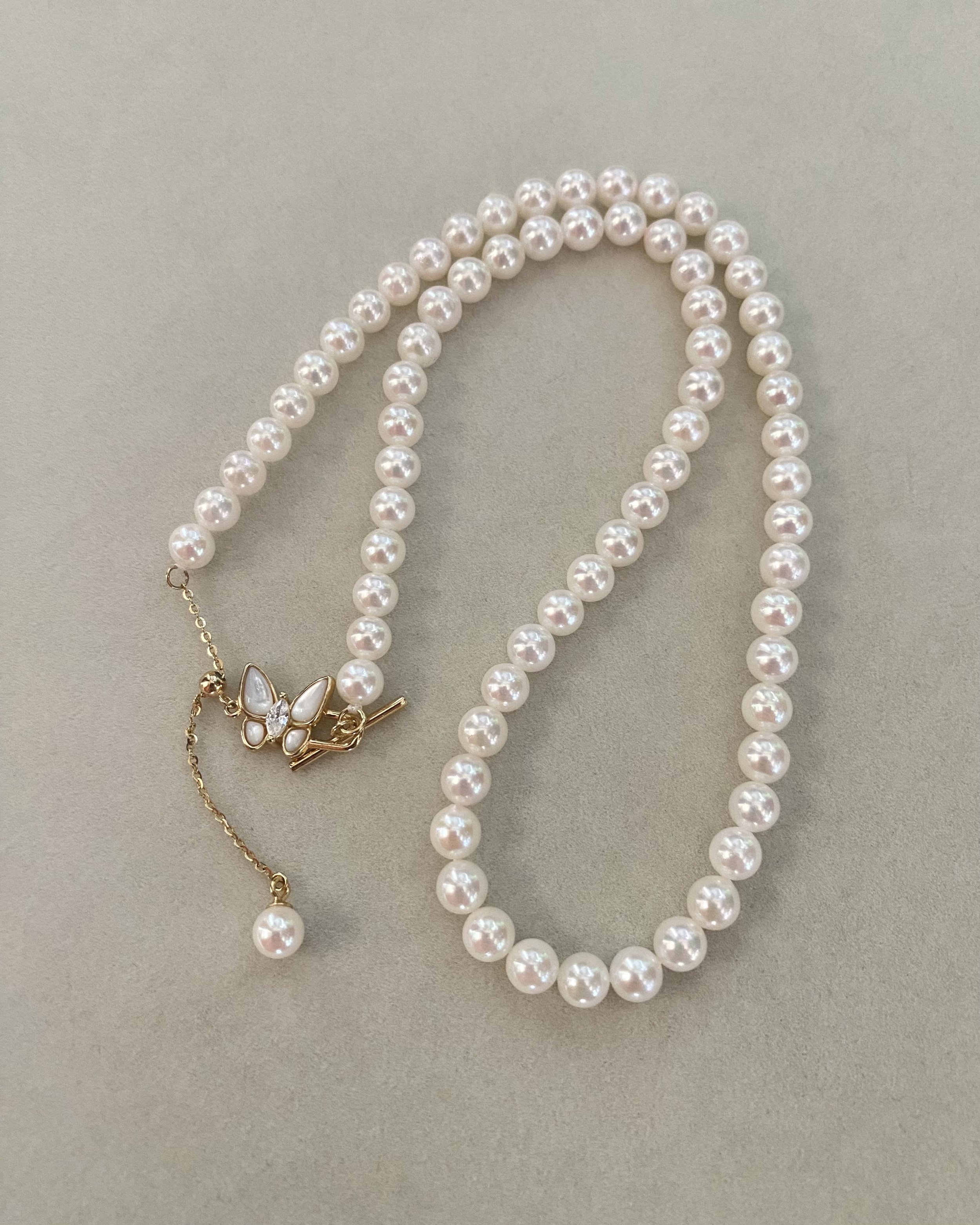 Rare 5.5-6mm Japanese Koshimono White Akoya Pearl Necklace, Japanese Mother-of-Pearl Butterfly Adjustable S925 Clasp, Radiant Pink Overtones Starlit Pearls