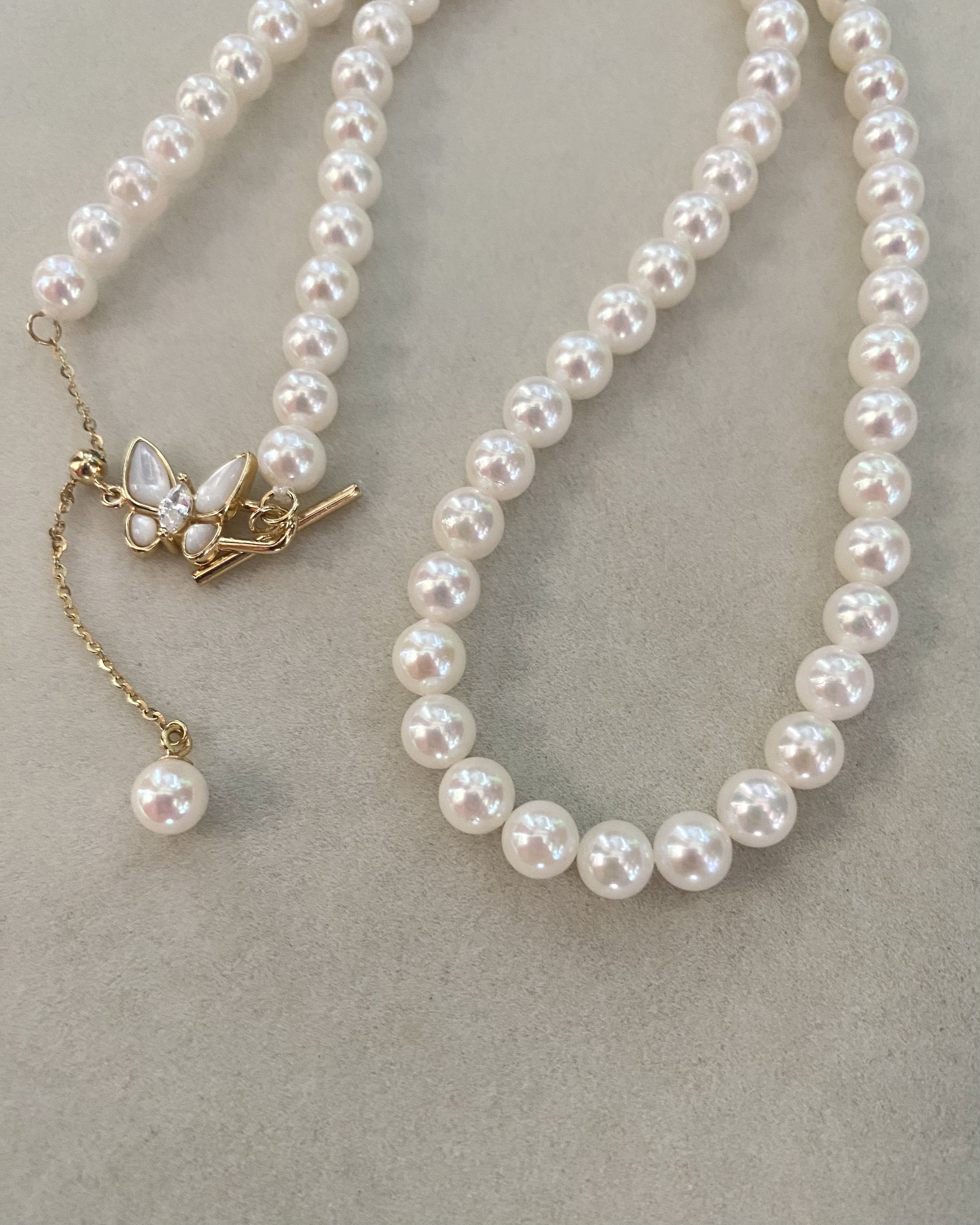 Rare 5.5-6mm Japanese Koshimono White Akoya Pearl Necklace, Japanese Mother-of-Pearl Butterfly Adjustable S925 Clasp, Radiant Pink Overtones Starlit Pearls