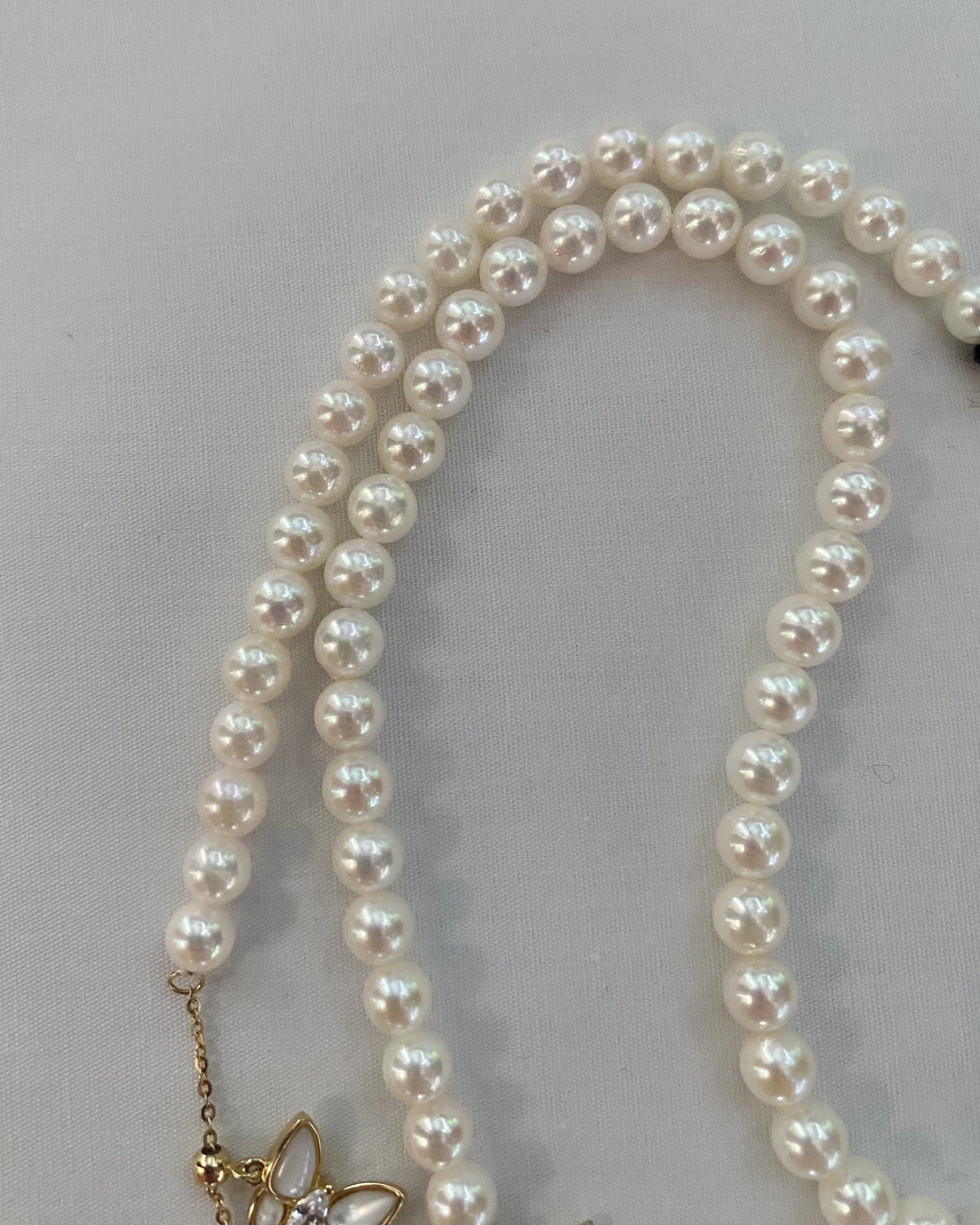 Rare 5.5-6mm Japanese Koshimono White Akoya Pearl Necklace, Japanese Mother-of-Pearl Butterfly Adjustable S925 Clasp, Radiant Pink Overtones Starlit Pearls