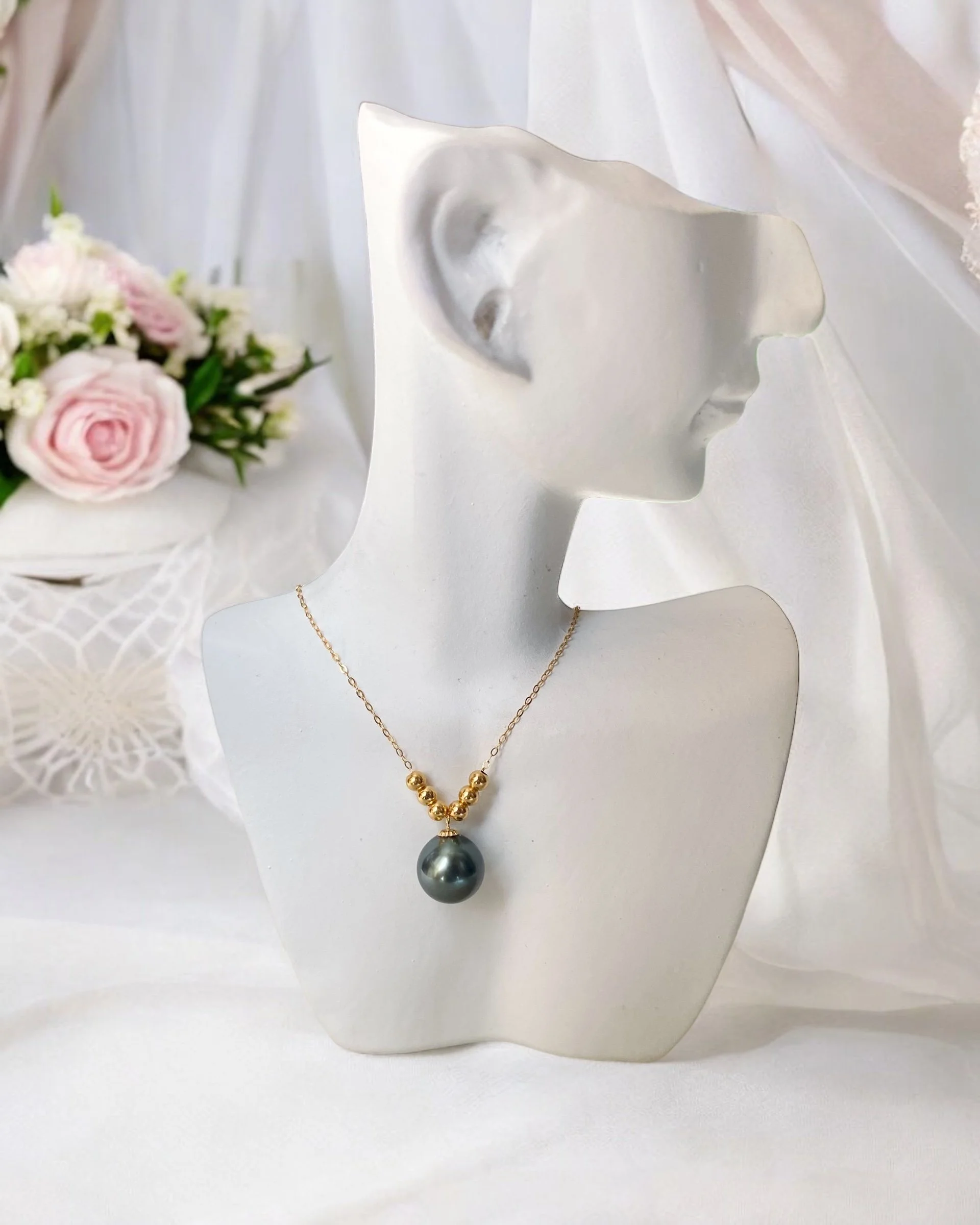 Exquisite 8mm Tahitian Black South Sea Pearl Pendant Necklace, Dark Teal Green Overtone, 18K Gold Chain and Bead Accents, Flawless Round