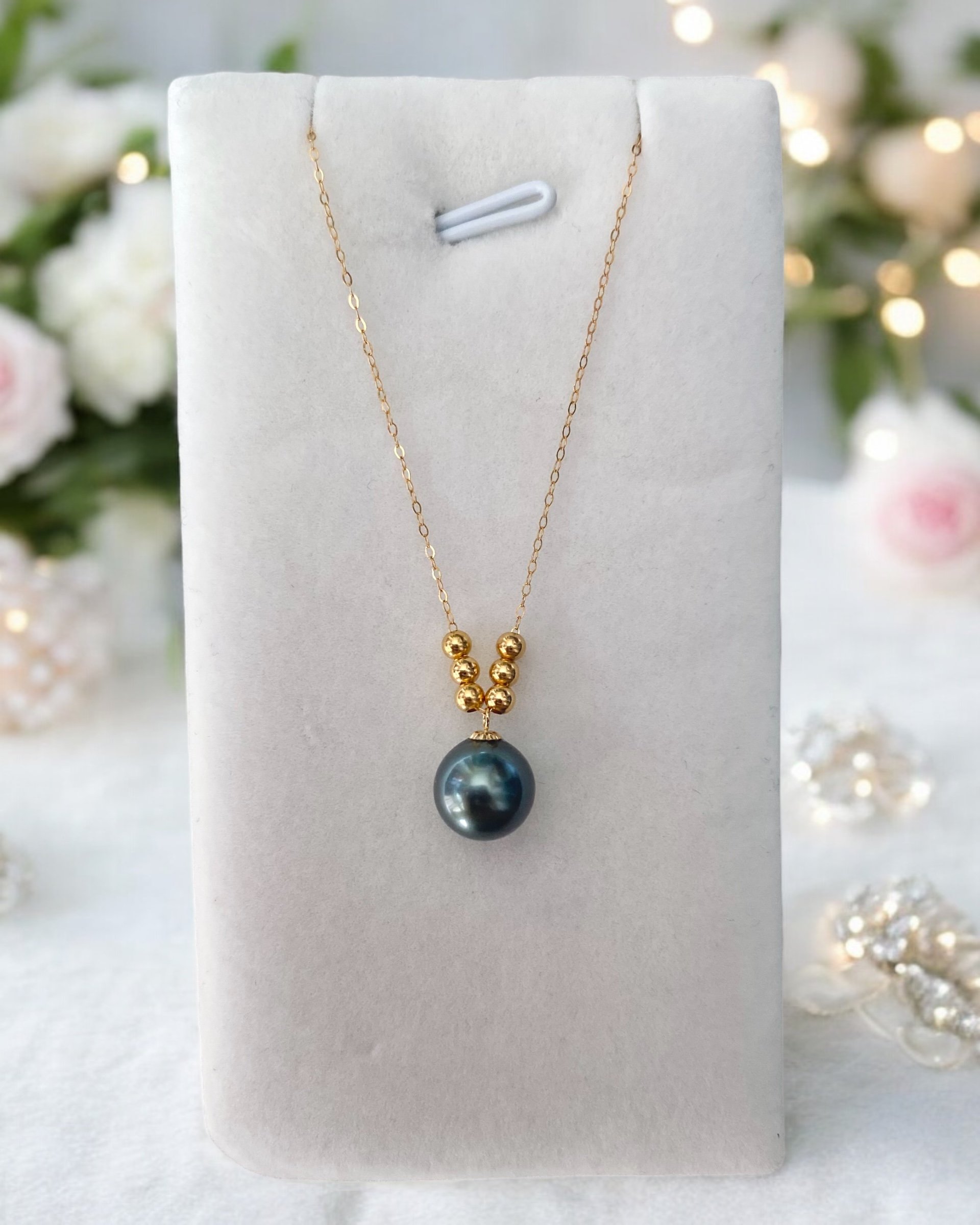 Exquisite 8mm Tahitian Black South Sea Pearl Pendant Necklace, Dark Teal Green Overtone, 18K Gold Chain and Bead Accents, Flawless Round
