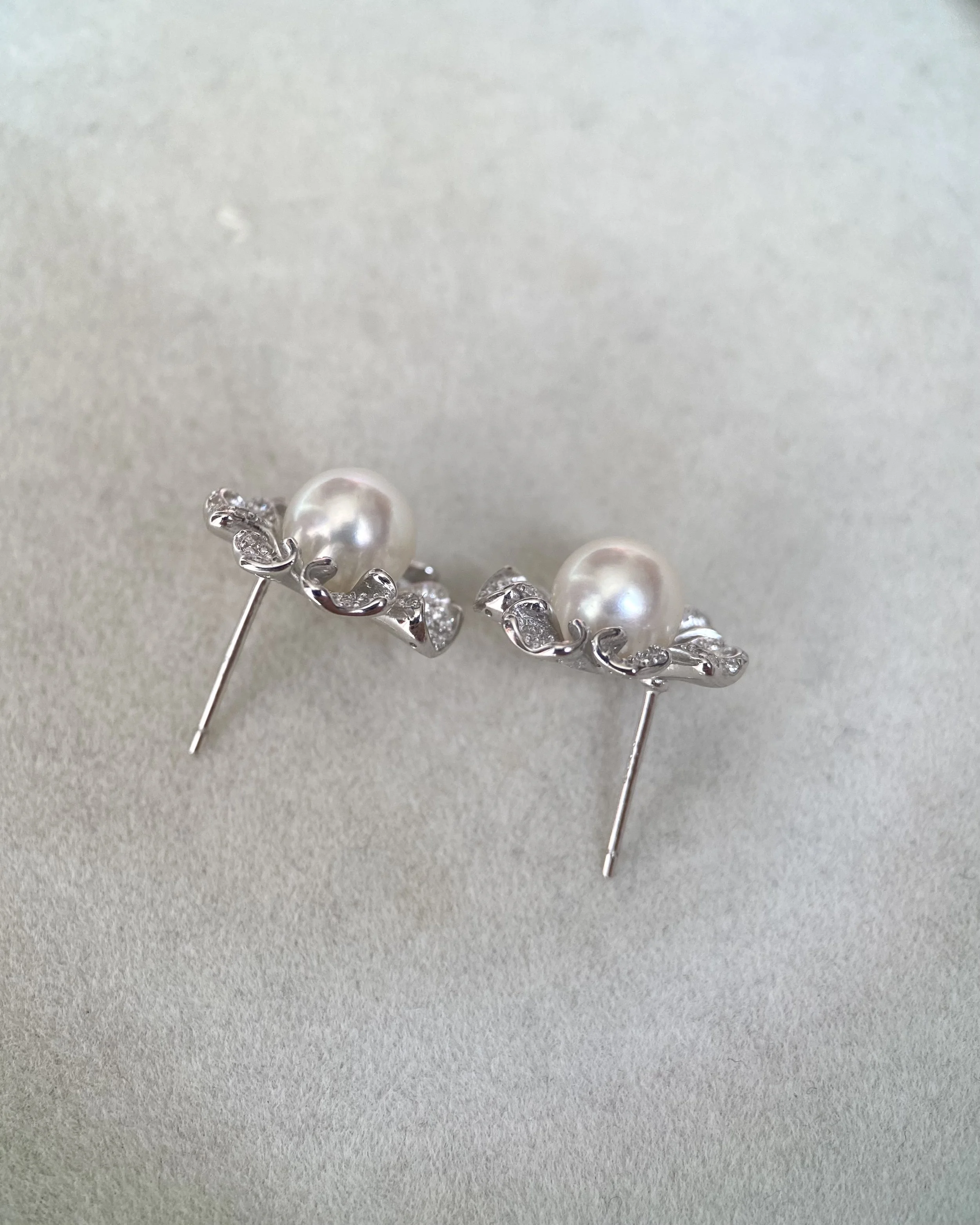 Japanese Crystal White Akoya Pearl Flower Stud Earrings 7-7.5mm, Soft Pink Overtone, Sculptural CZ Petals, S925 Silver, Show Piece Starlit Pearls