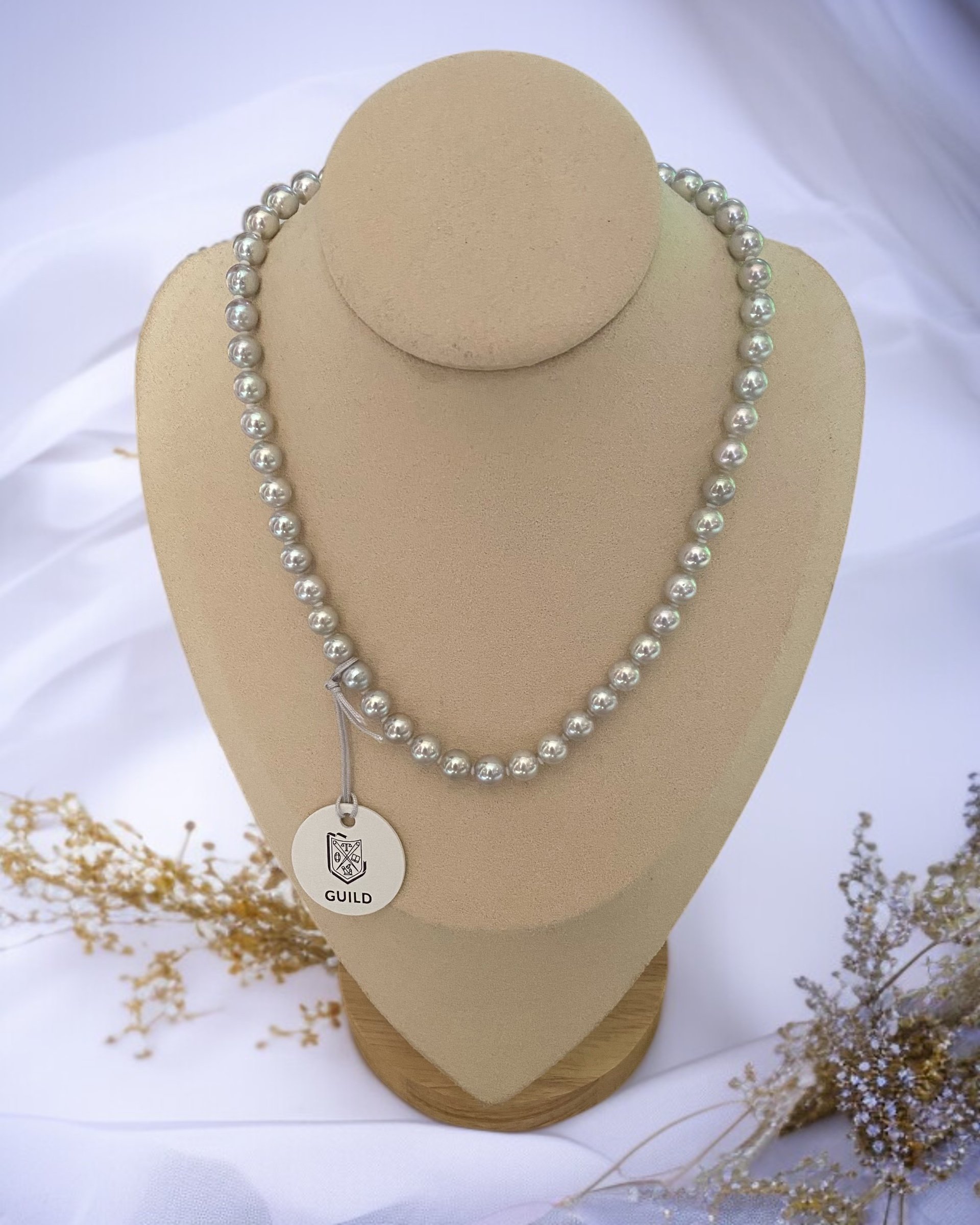 GUILD-Certified 7.5-8mm Japanese Silver Grey Madama Akoya Pearl Necklace, Iridescent Pink Overtone, 6A Lustre, Japan-Made S925 Clasp Starlit Pearls