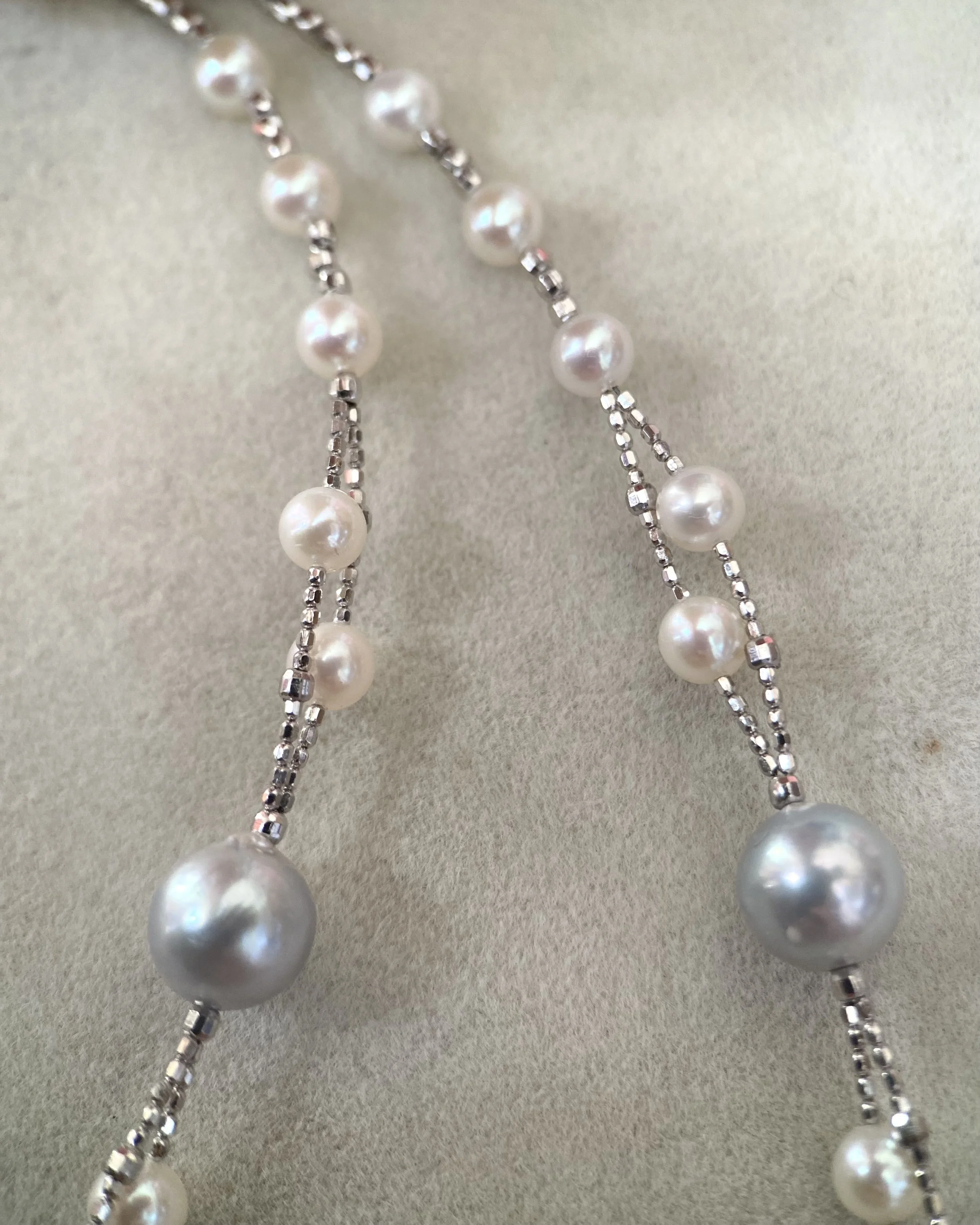 'Celestial Drift' Natural Silver-Grey Japanese Madama Akoya & Mini White Pearl Double-Strand Necklace 7–8mm/3mm, Japanese S925 Silver Starlit Pearls