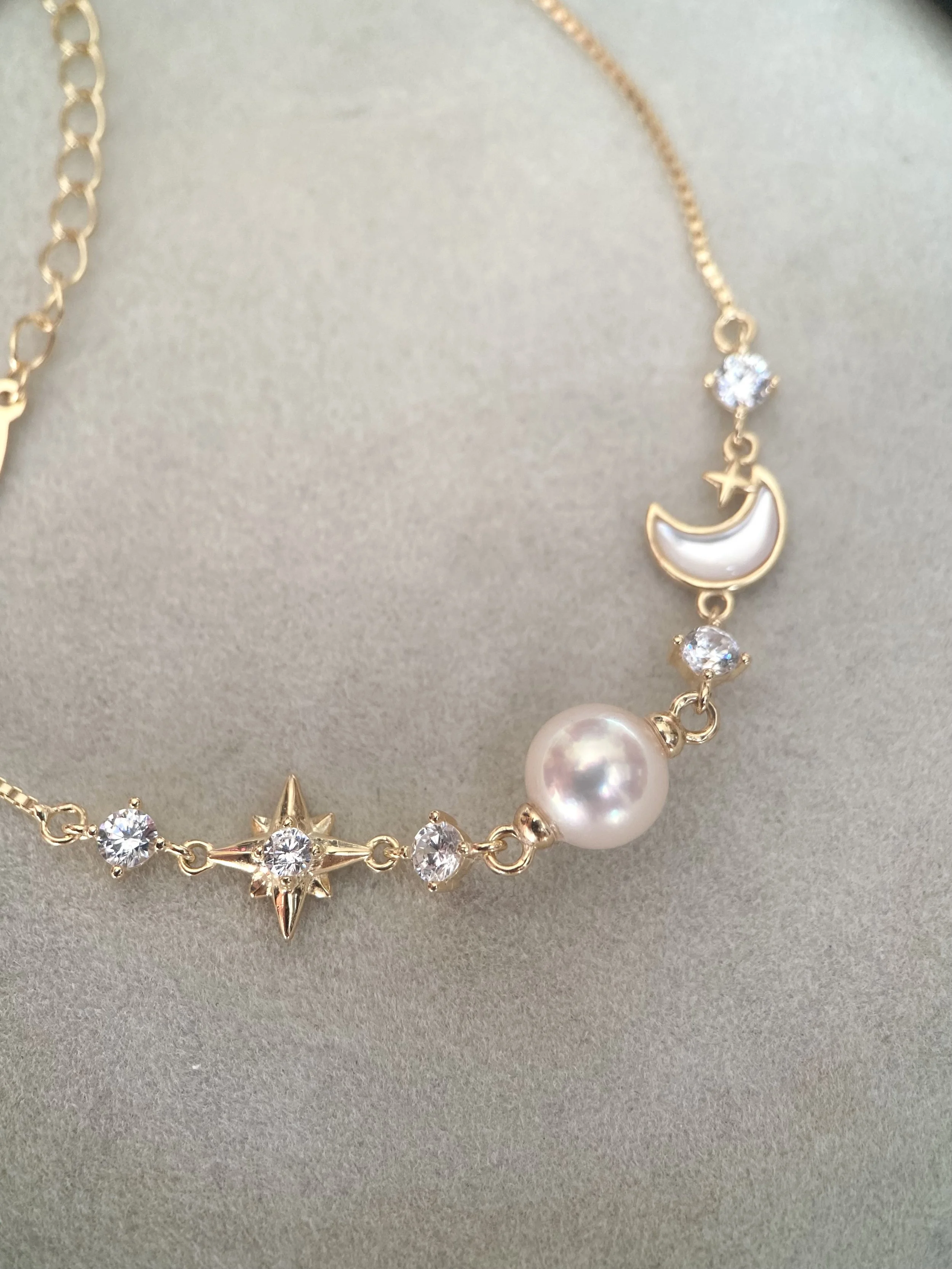 White Japanese Akoya Pearl Celestial Bracelet 7.4mm, MOP Moon & North Star with CZ, S925 Silver Adjustable Box Chain, Show Piece Starlit Pearls