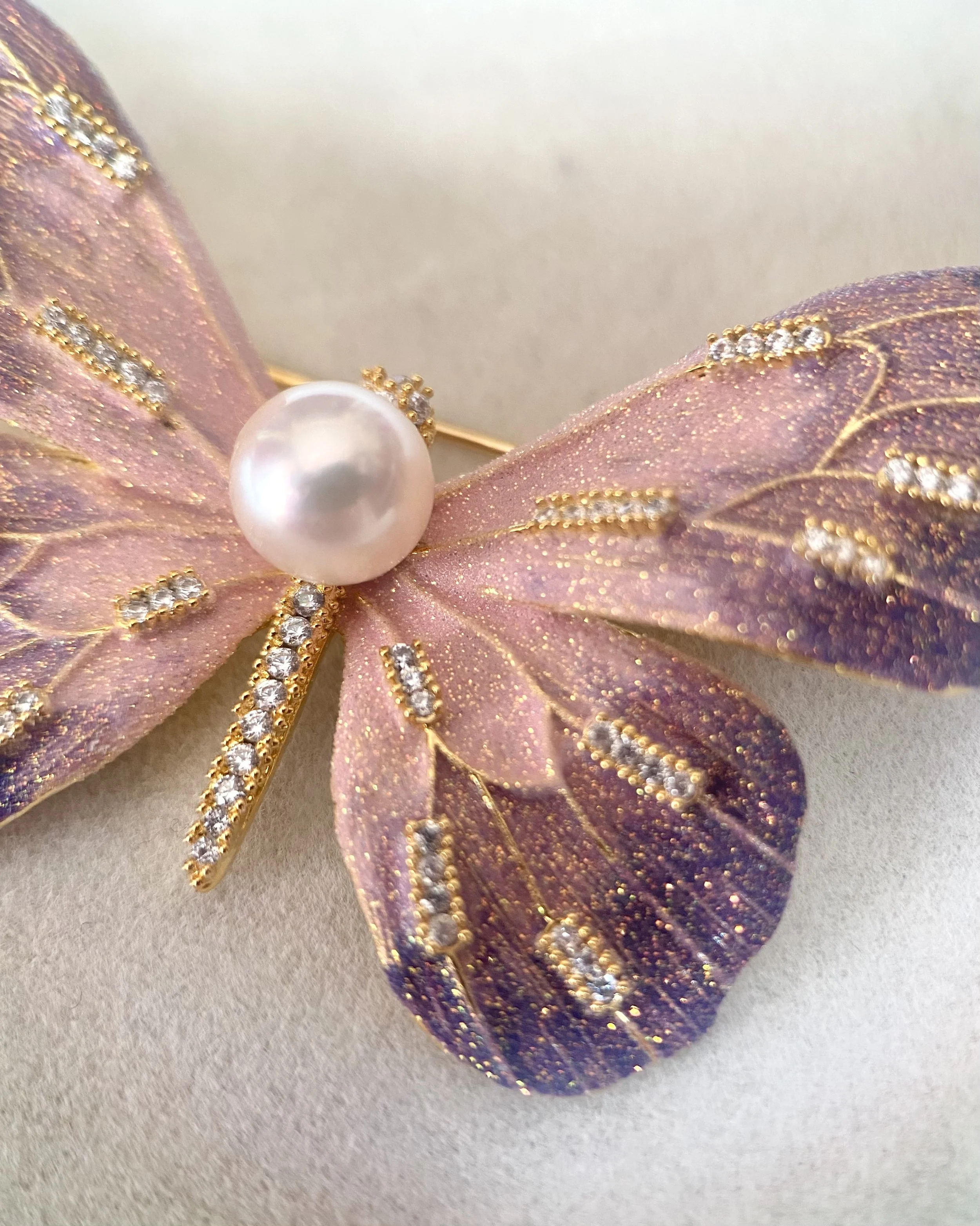 Enchanting Japanese Akoya Pearl Artistic Butterfly Brooch 7.8mm, Brushed Satin Purple Pink Iridescent Wings with Ultra-Fine Shimmer