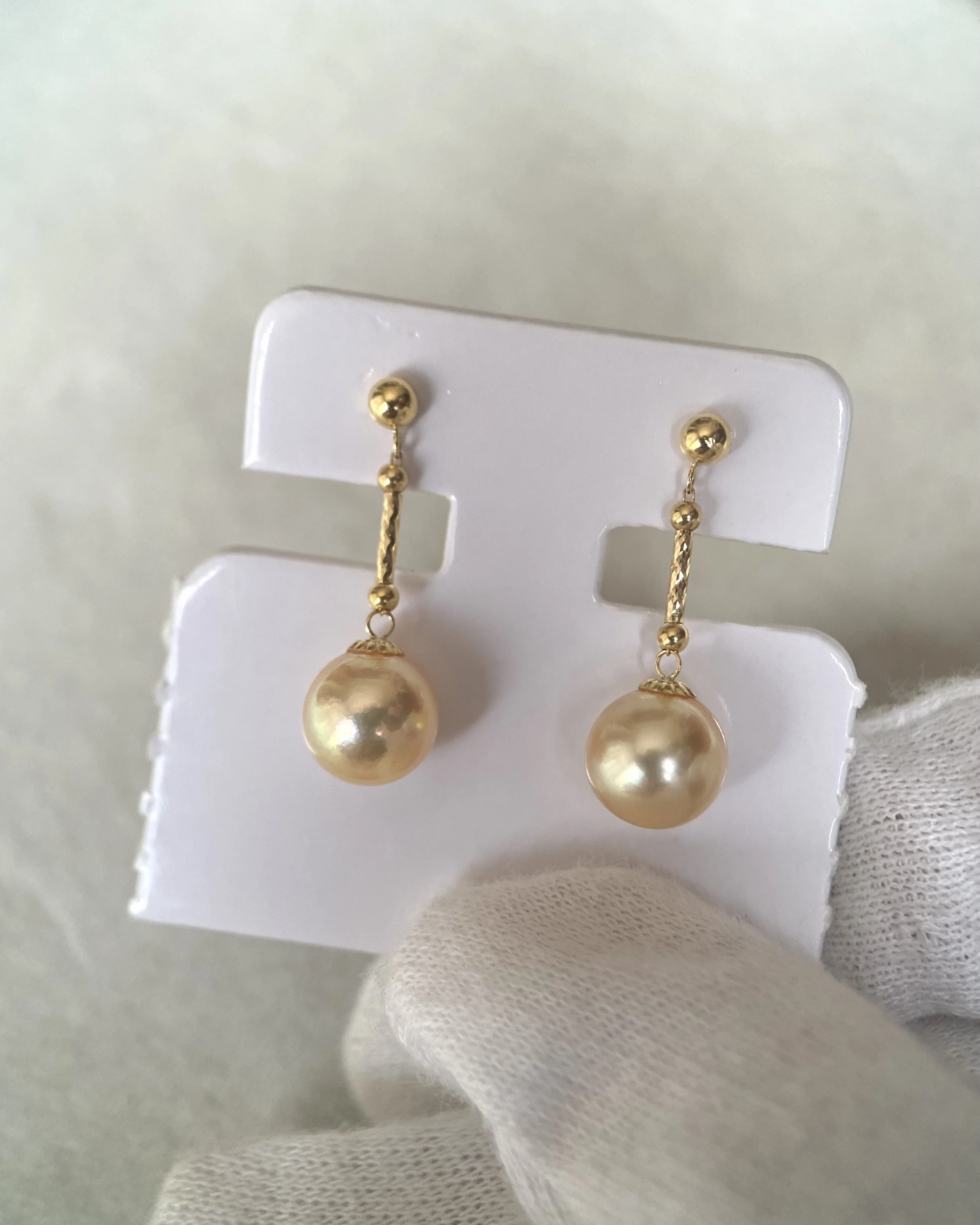 Japanese Amami Oshima Golden Pearl Drop Earrings in Solid 18K Gold 7.6mm, Iridescent Overtones, Graceful Movement Starlit Pearls
