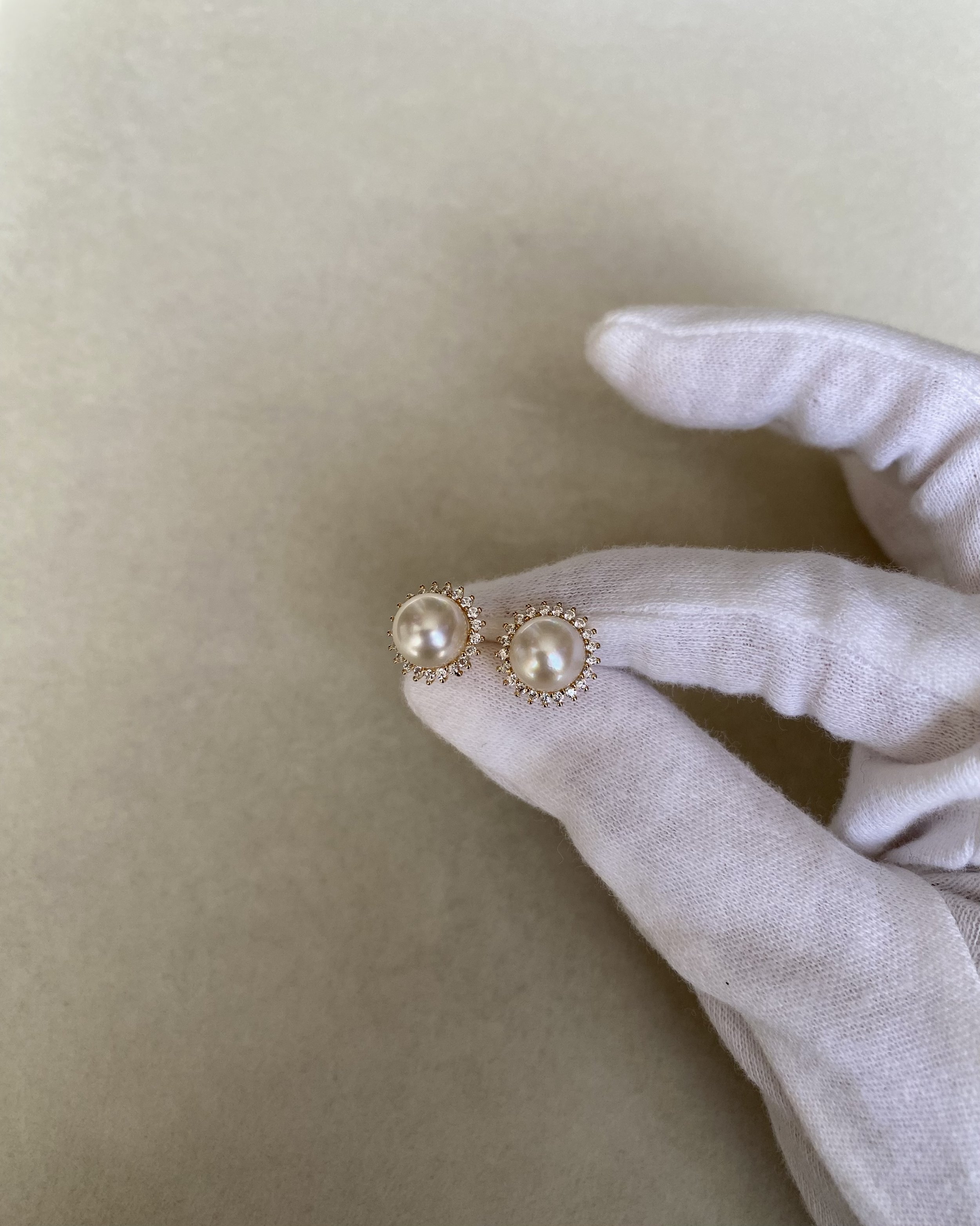 8mm Champagne Japanese Akoya Pearl Stud Earrings, Sourced from Otsuki Pearl, Gold-Toned S925 Sterling Silver Pavé Halo Setting Starlit Pearls