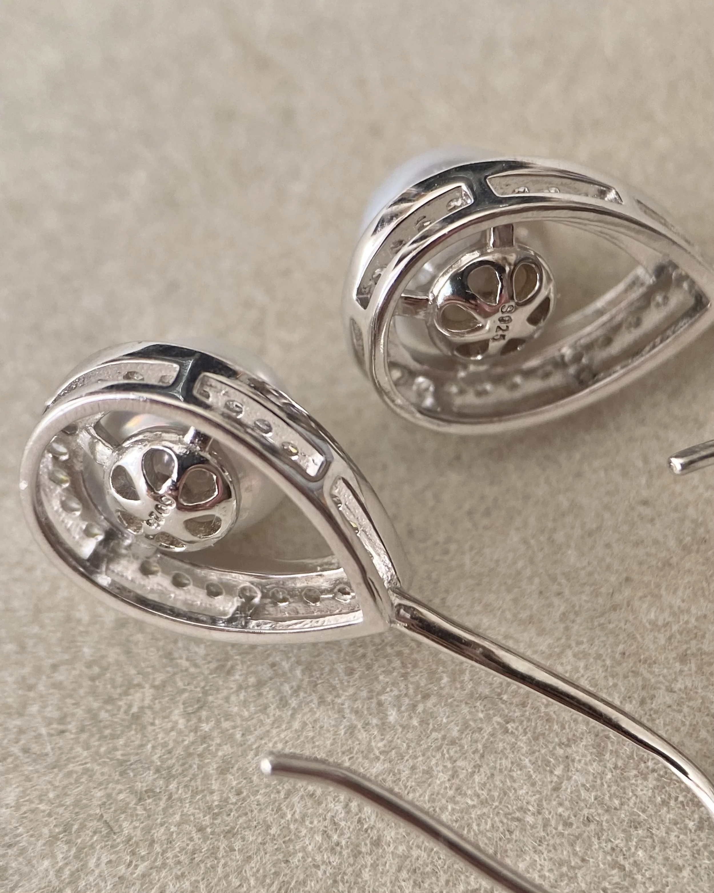 Japanese Airy Silver-Grey Madama Akoya Pearl Hook Earrings 6.7mm, S925 Silver Teardrop Pavé Halo Setting, Jewellery Exhibition Piece Starlit Pearls