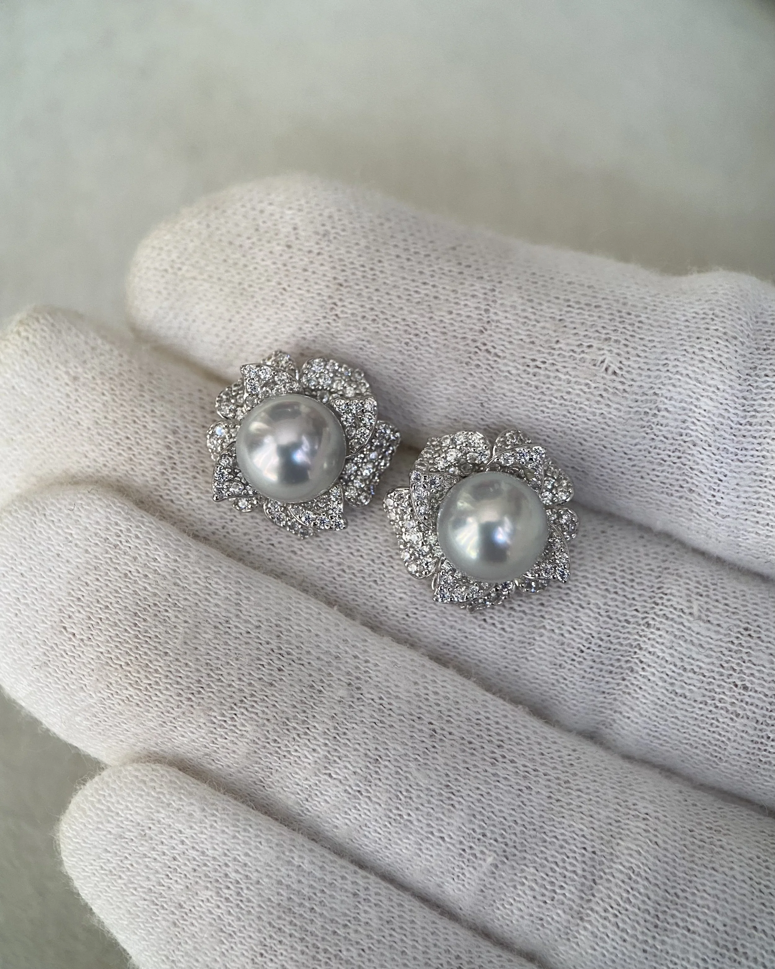 8mm Japanese Natural Silver-Grey Madama Akoya Pearl Camellia Stud Earrings, Mirror Lustre, S925 Layered Pavé CZ Petals, Show Piece