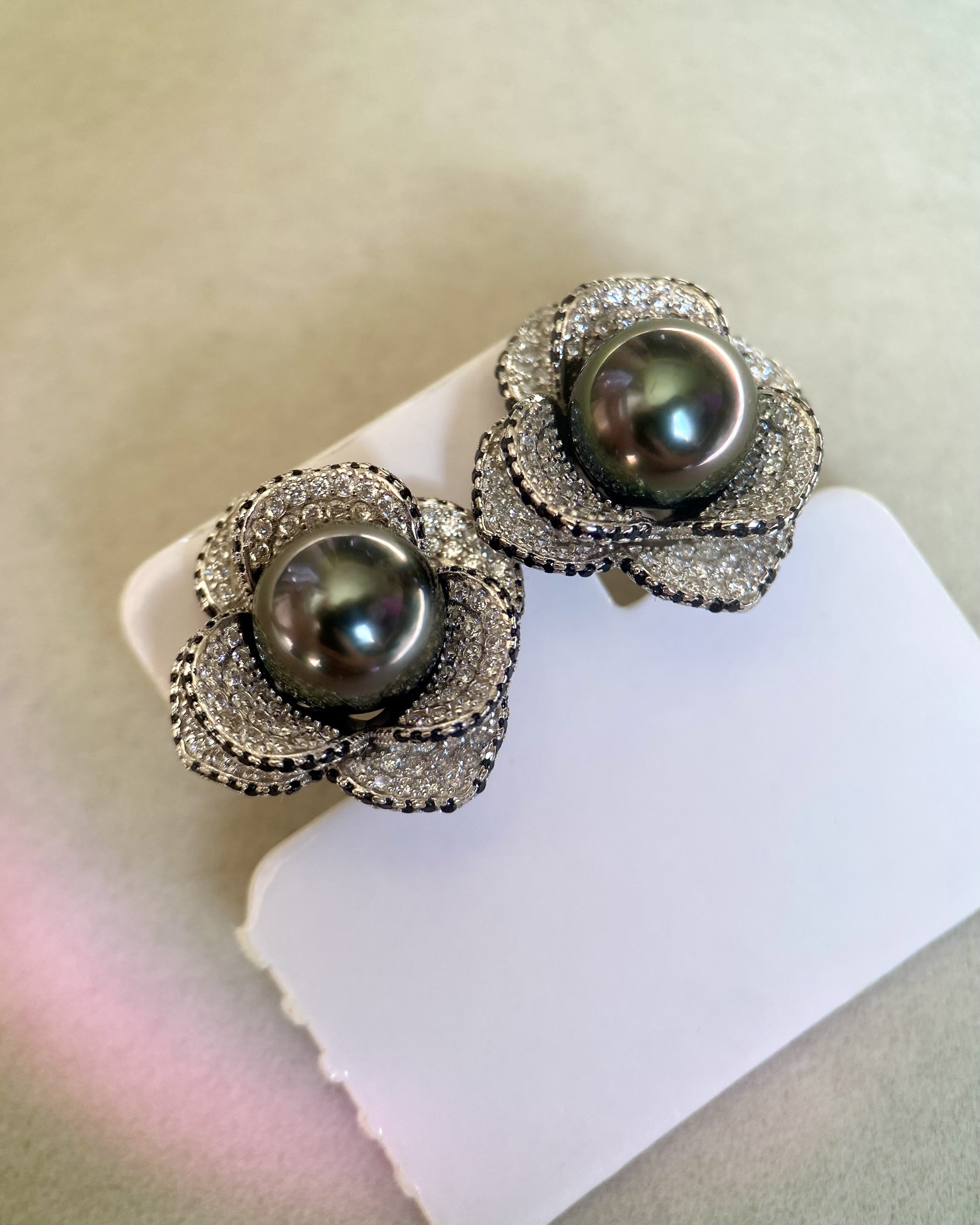 9mm Tahitian Black South Sea Pearl Earrings, Piaget Rose-Inspired Petalburst Design in S925 Silver & CZ, Violet Overtone, Oilshine Lustre