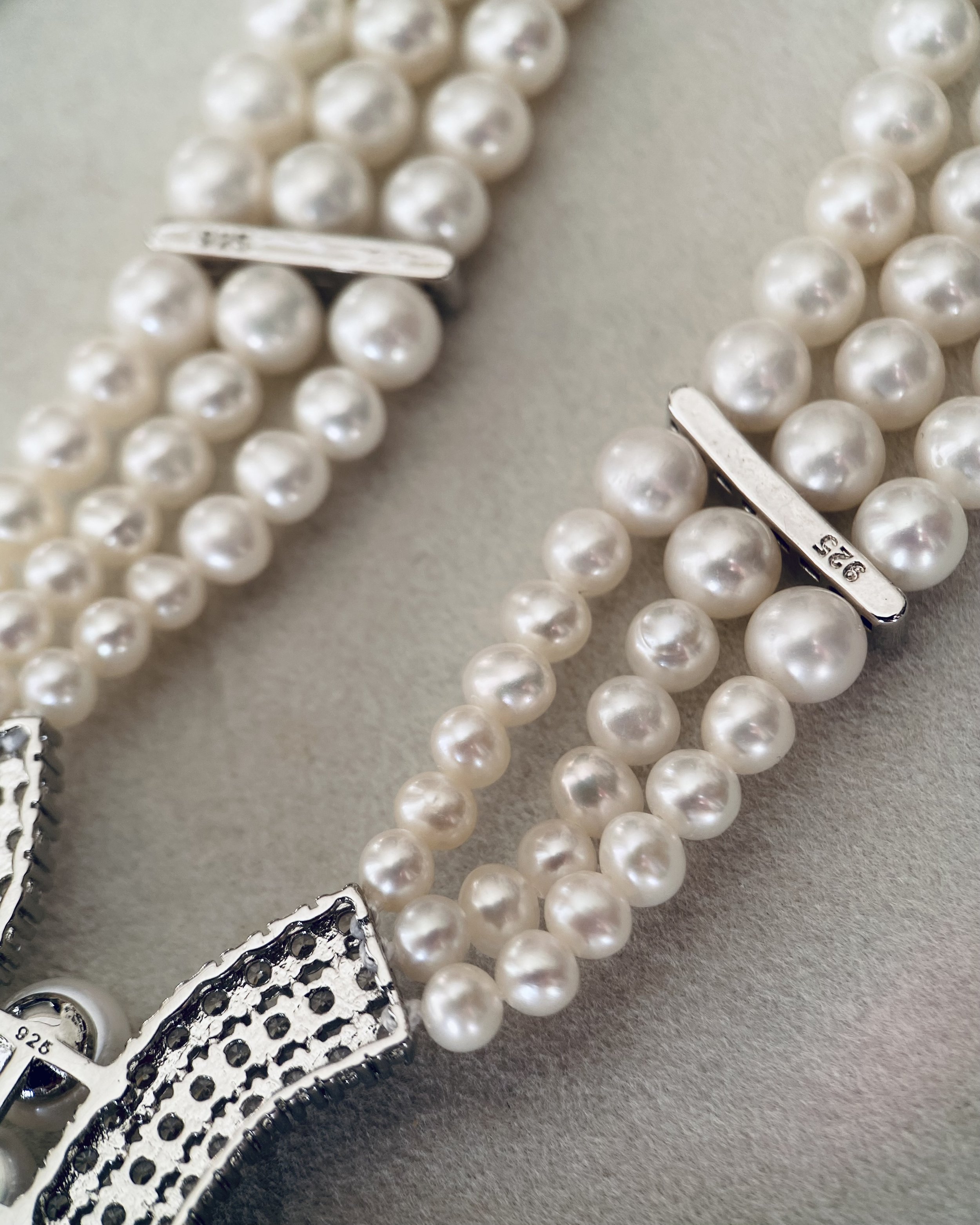 Triple-Strand Classic White Nucleus-Free Freshwater Pearl Necklace 6mm, Graduated Cascade Drop Design, S925 Sterling Silver Starlit Pearls