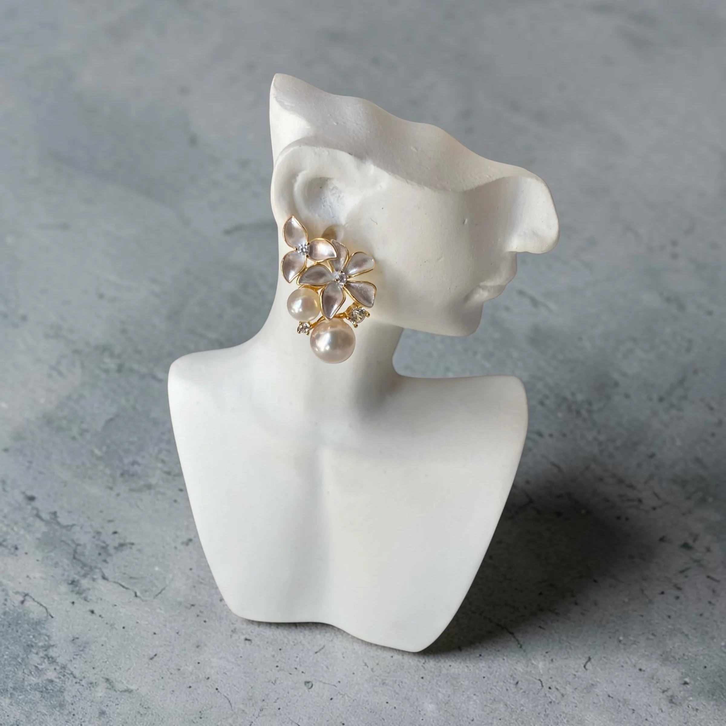 6A Japanese White Akoya Pearl Sculptural Floral Earrings, Aurora Sairindama, Satin Petal Design, S925 Silver & CZ, Exhibition Piece Starlit Pearls