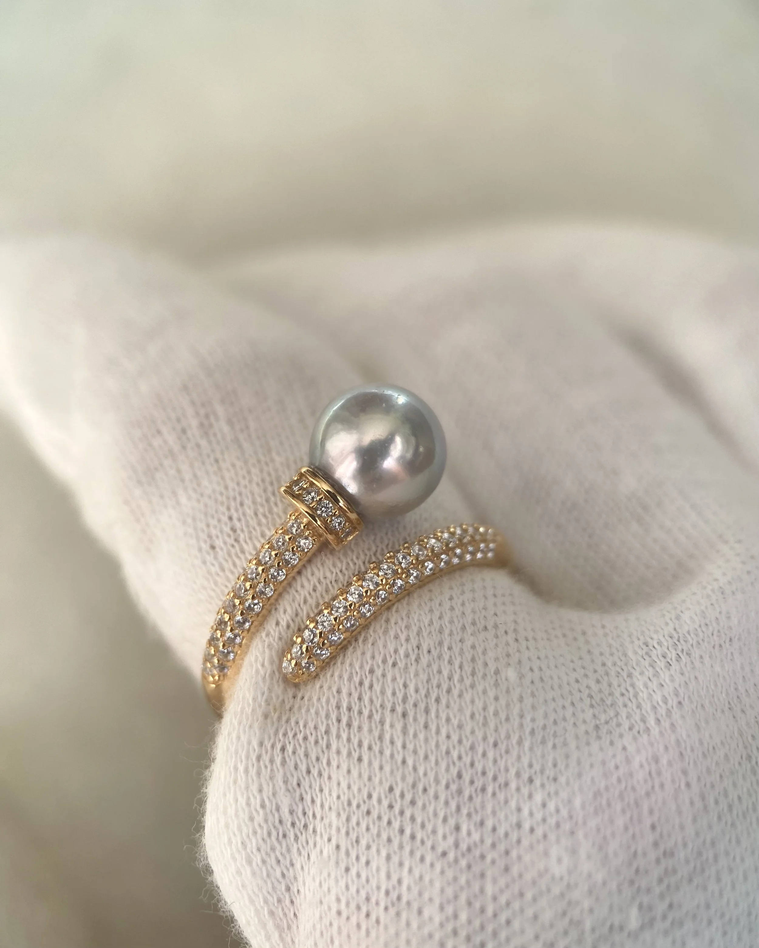 Premium 8.3mm Natural Silver-Grey Blue Japanese Madama Akoya Pearl Nail Ring, Mirror Lustre, S925 & Pavé CZ, Adjustable, Show Piece Starlit Pearls