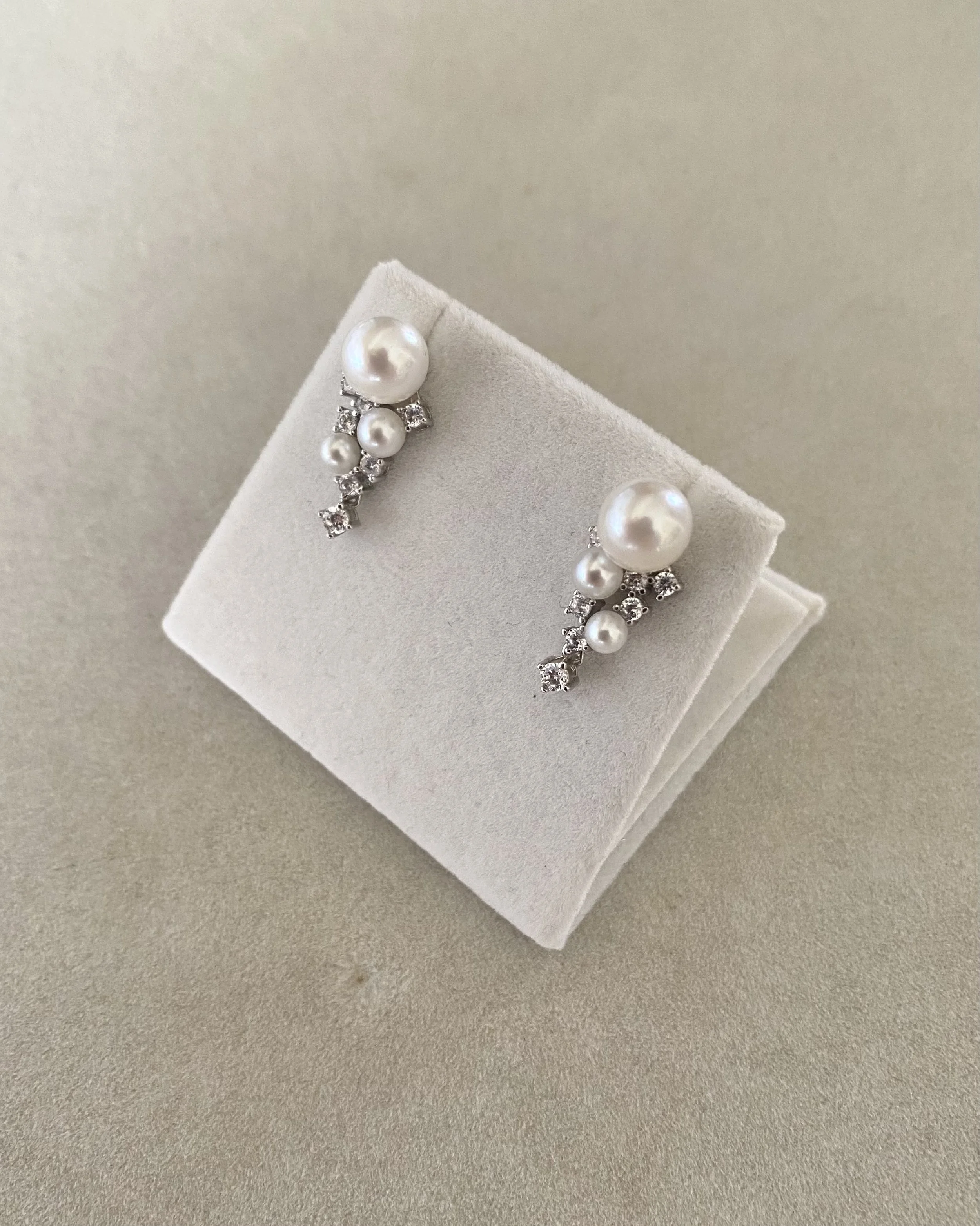 6A Japanese White Akoya Pearl Drop Earrings, Aurora 8.9mm Akoya & 5.5mm Sairindama, S925 Silver CZ Cascade Design, Exhibition Piece Starlit Pearls