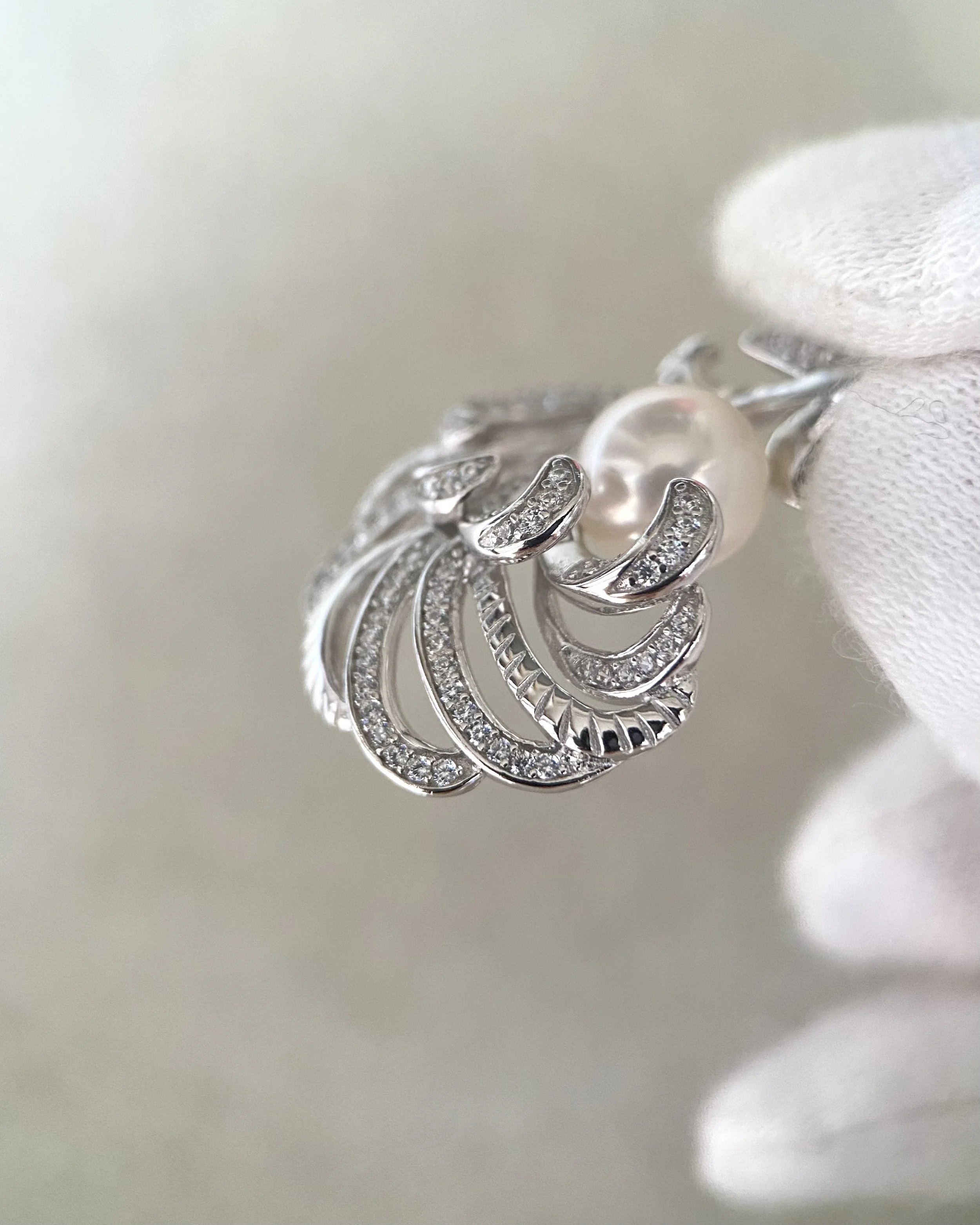Top Quality Crystal White Japanese Akoya Pearl Pendant 8mm, Sculptural Layered Feather S925 Silver & CZ Design, Exhibition Piece Starlit Pearls