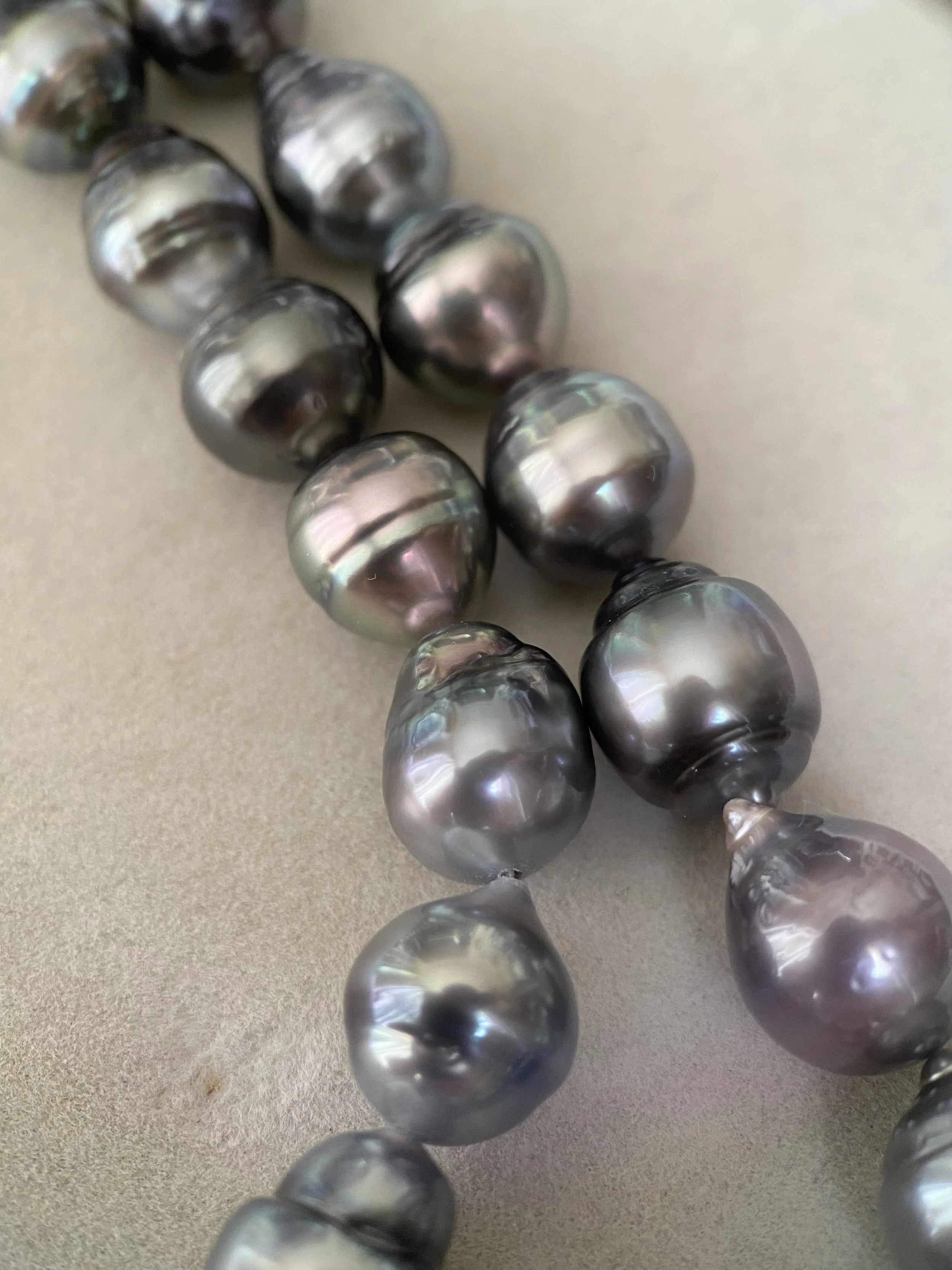 PSL Certified Tahitian South Sea Baroque Pearl Necklace 8–12mm, Platinum Grey w/ Iridescent Overtones, Geometric Patent Silver Clasp Starlit Pearls