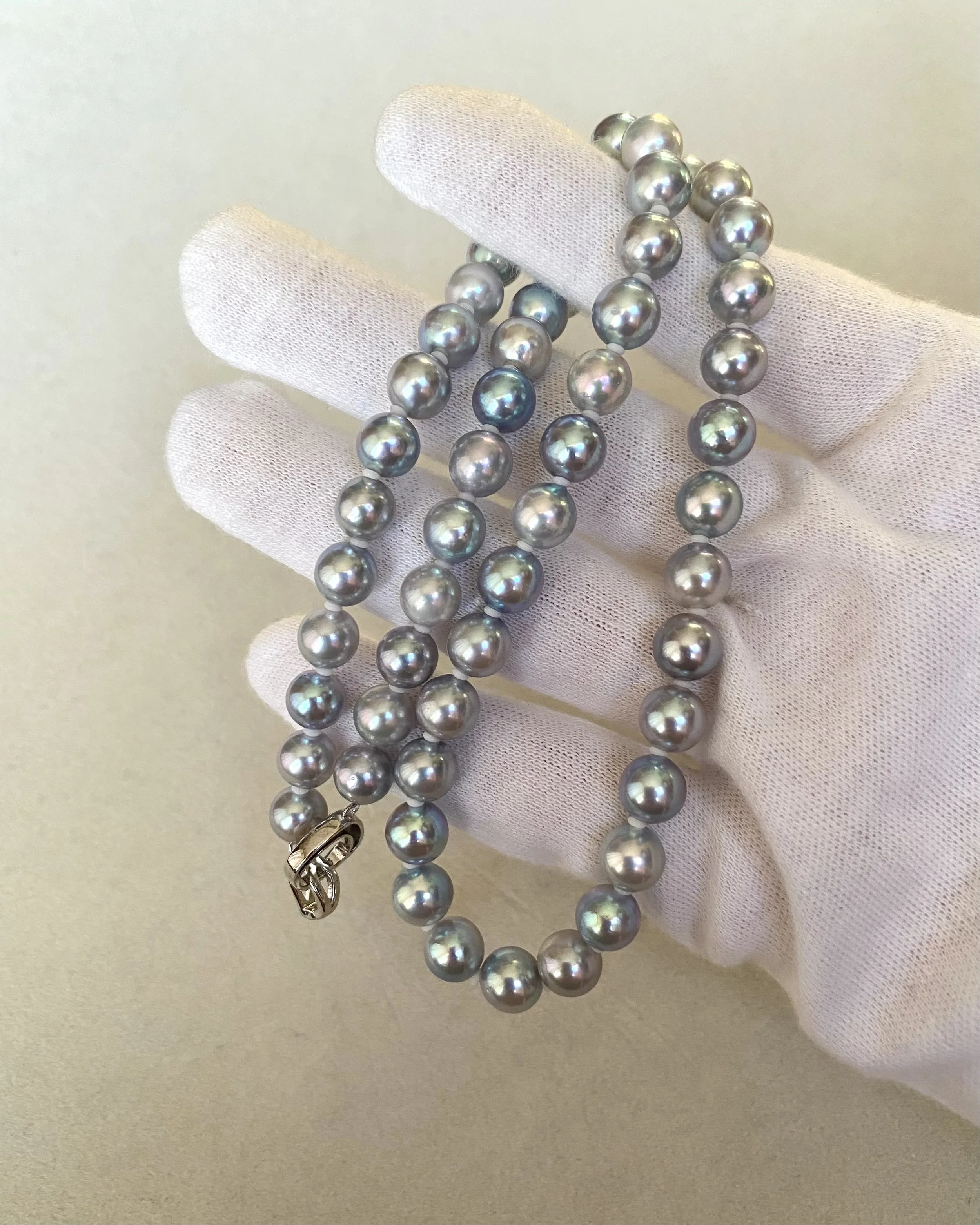 Ultra-Rare Japanese Metallic Electric-Blue Madama Akoya Pearl Necklace, 7–7.5mm, Rainbow Overtones & High-Mirror Lustre – S925 Silver Clasp Starlit Pearls