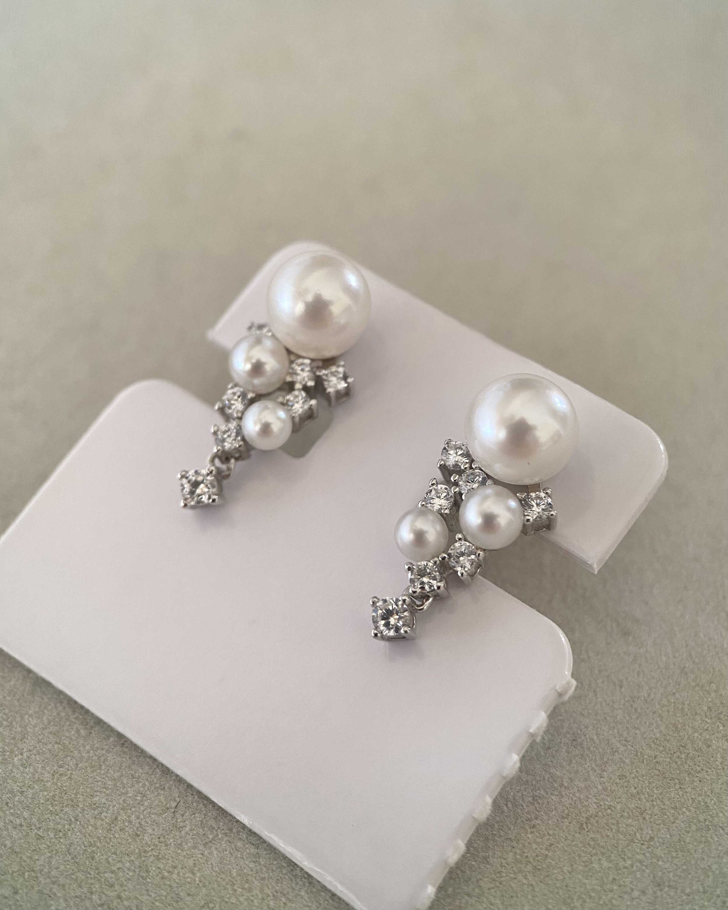 6A Japanese White Akoya Pearl Drop Earrings, Aurora 8.9mm Akoya & 5.5mm Sairindama, S925 Silver CZ Cascade Design, Exhibition Piece Starlit Pearls