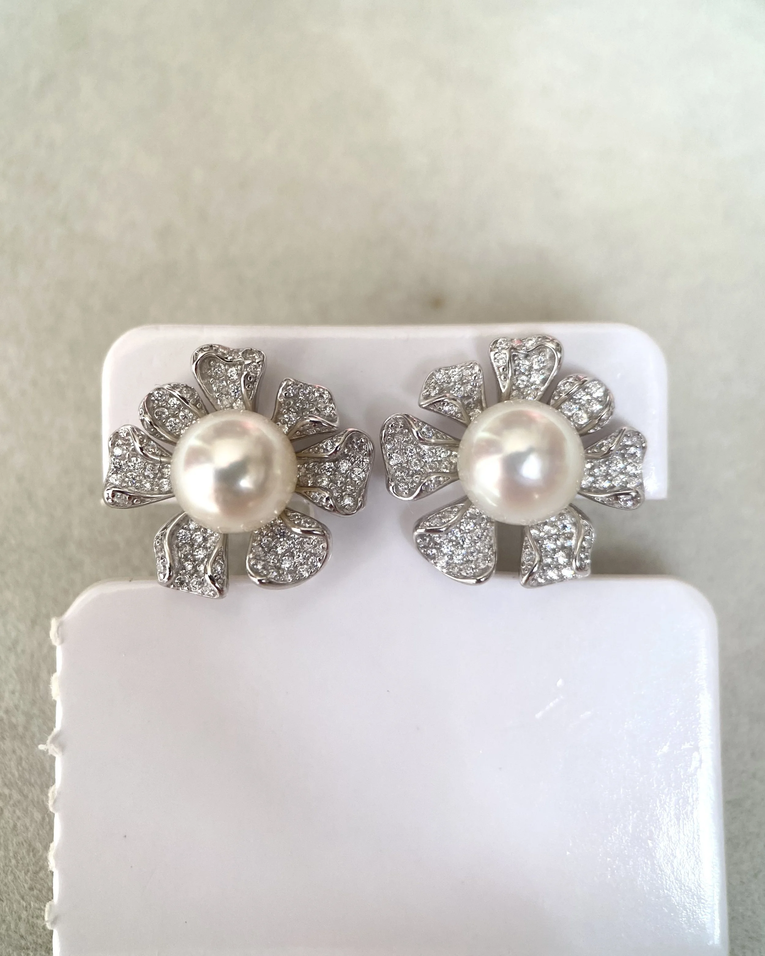 Japanese Crystal White Akoya Pearl Flower Stud Earrings 7-7.5mm, Soft Pink Overtone, Sculptural CZ Petals, S925 Silver, Show Piece Starlit Pearls