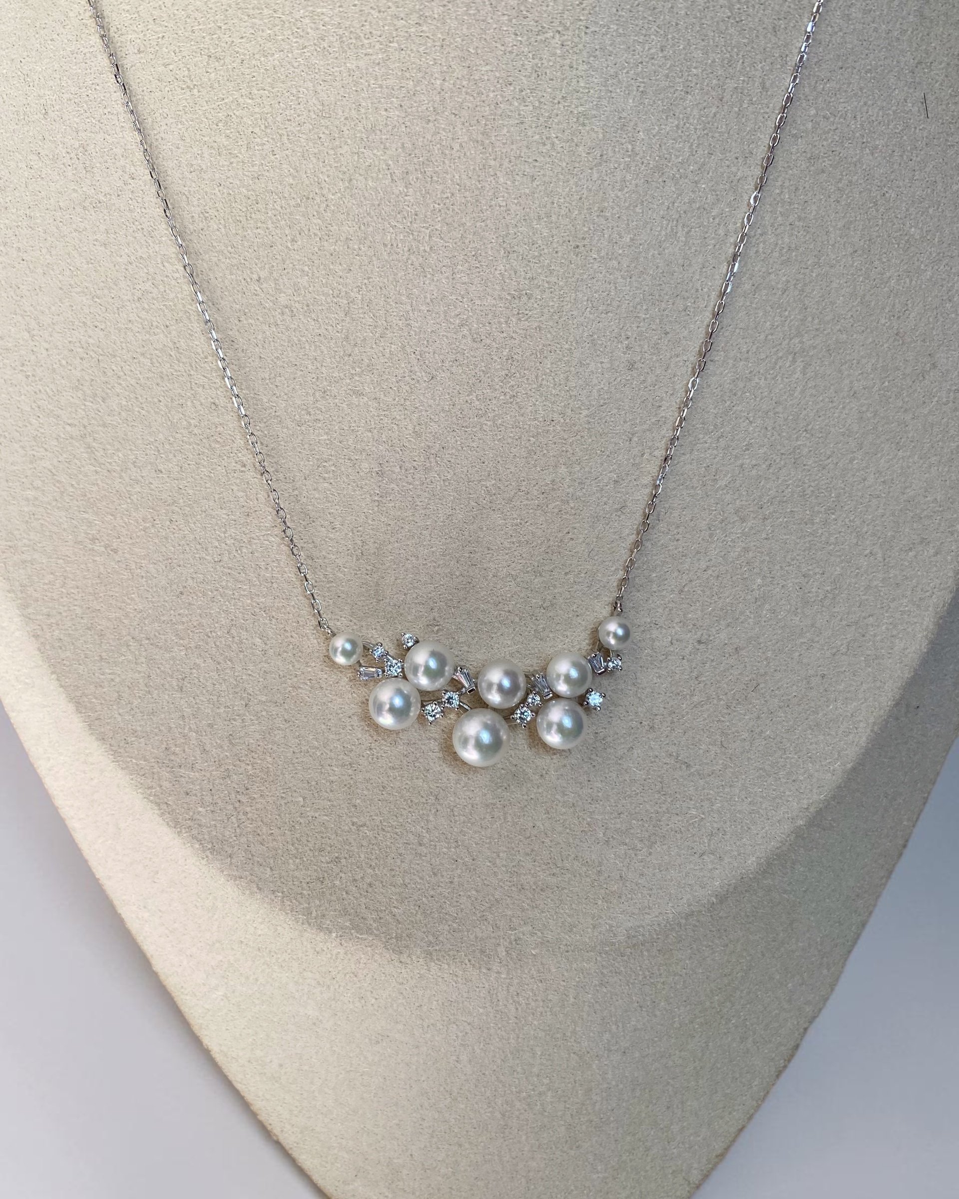 Snow White Japanese Pearl Artistic Cluster Necklace, 4–7mm Aurora Sairindama & Akoya, Sparkling S925 Silver Rolo Chain, Show Piece Starlit Pearls
