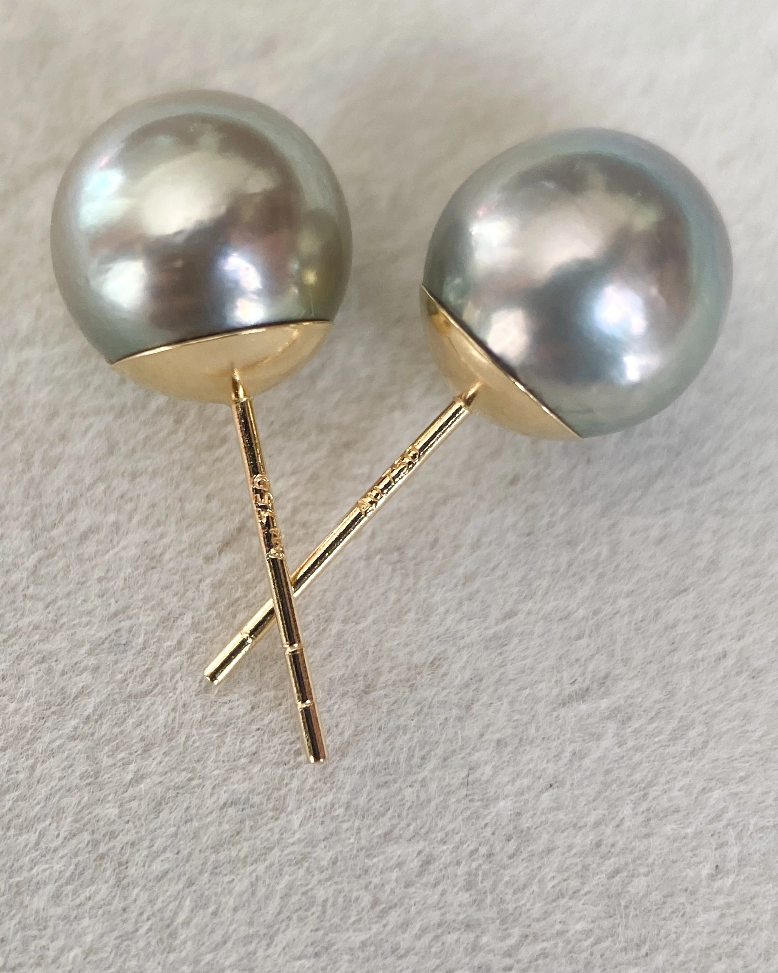 8mm Silver Olive-Green Japanese Madama Akoya Pearl Stud Earrings, Metallic Lustre, Solid 18K Thick Posts & Full Gold Cap Setting Starlit Pearls
