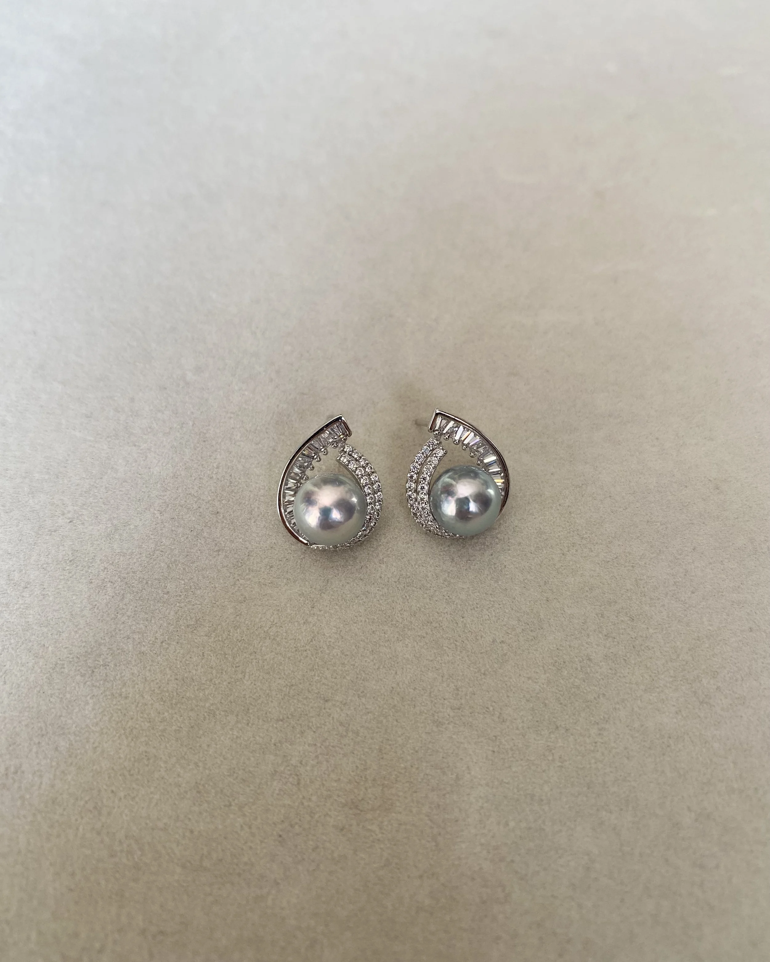 Japanese Silver Grey Madama Akoya Pearl Earrings 8–8.3mm, Iridescent Overtones, S925 Silver Teardrop Baguette Design, Exhibition Piece Starlit Pearls