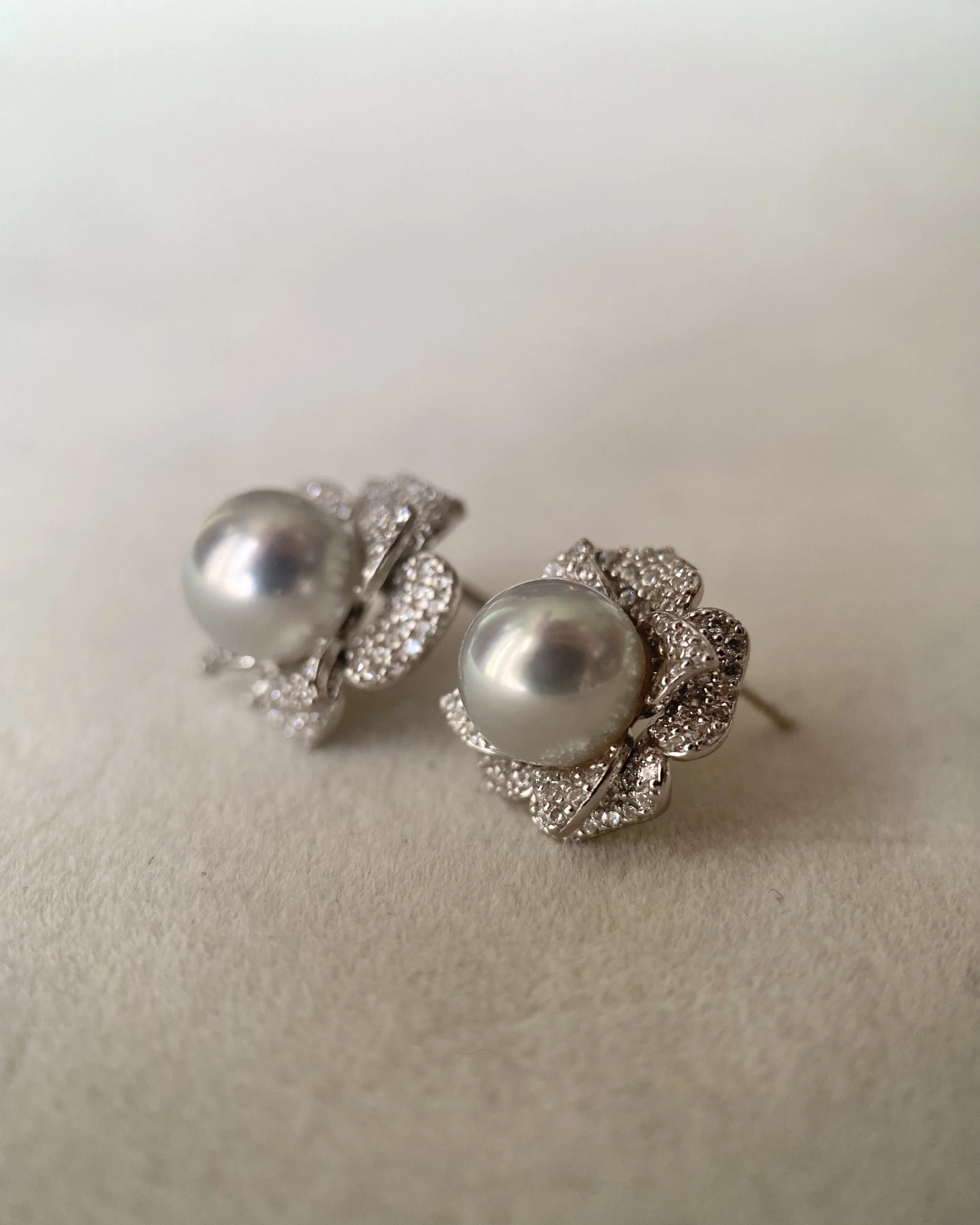 8mm Japanese Natural Silver-Grey Madama Akoya Pearl Camellia Stud Earrings, Mirror Lustre, S925 Layered Pavé CZ Petals, Show Piece