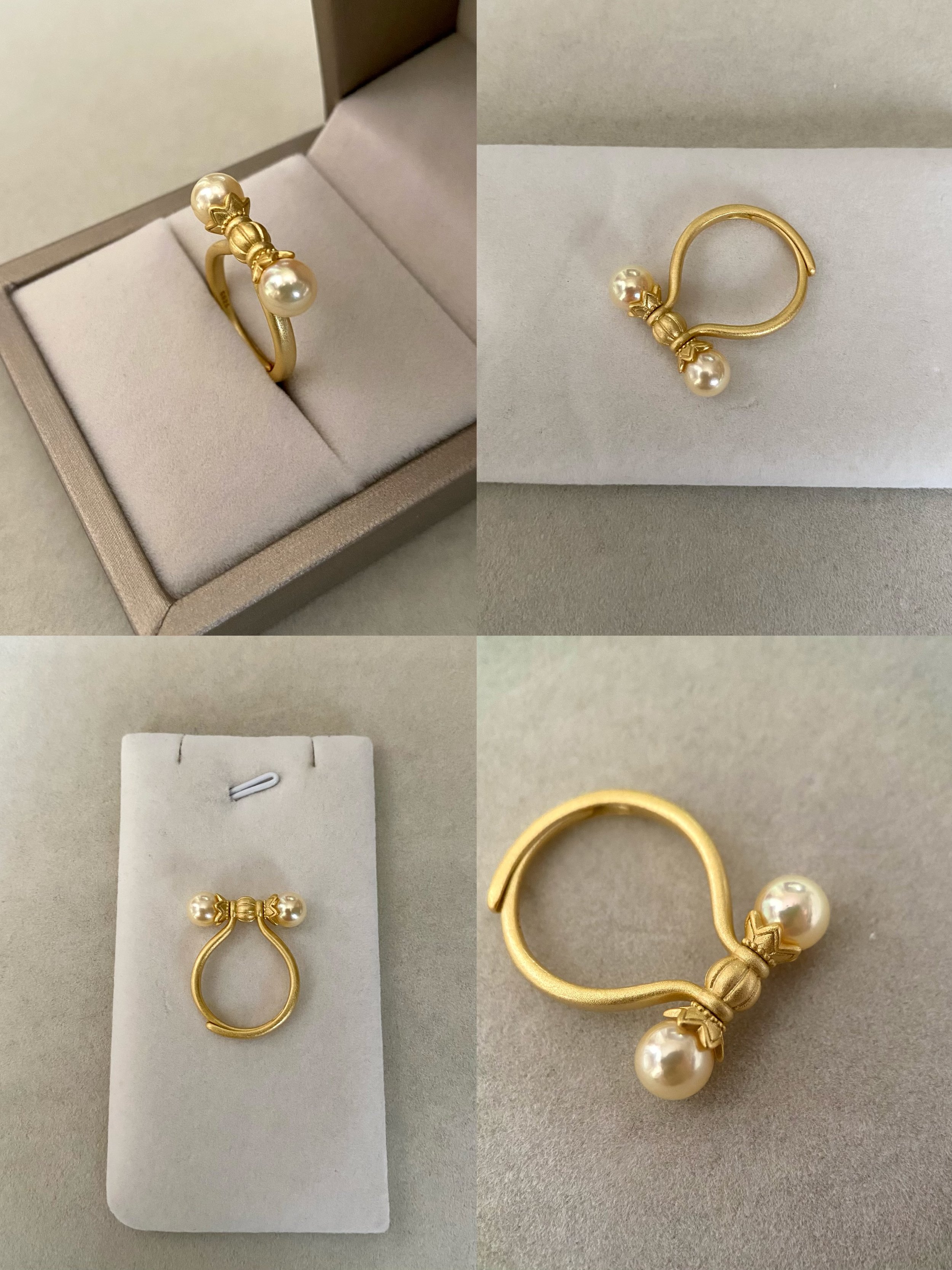 Japanese-Made 6.5mm 'Golden Dawn' Akoya Creamy Gold Double Pearl Ring, Pink Overtones, S925 Silver Sandblasted Lotus Crown Design, Rare Find Starlit Pearls