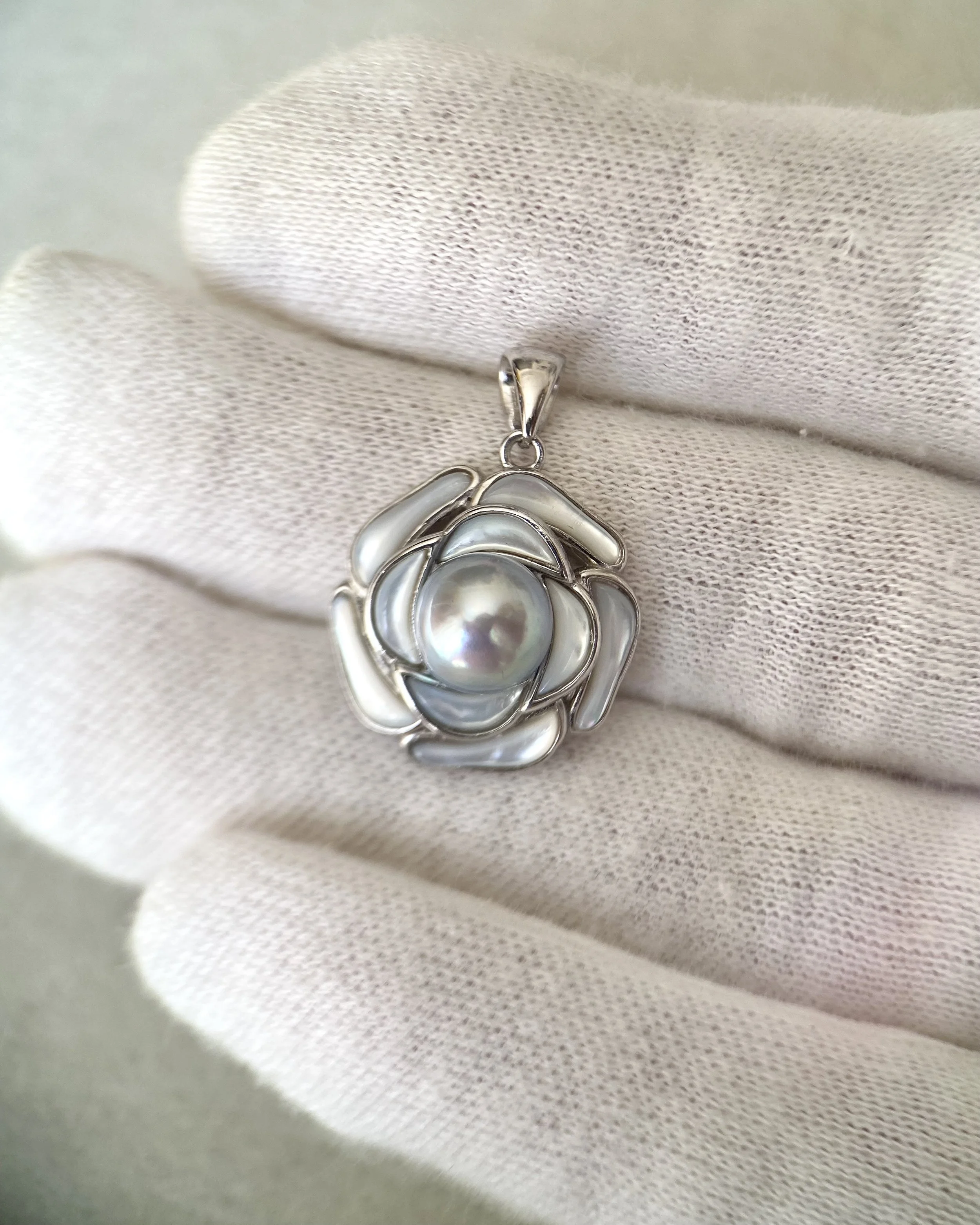 Premium Japanese Natural Silver Grey Blue Madama Akoya Pearl Pendant 8mm, Sculptural MOP Camellia S925 Silver Design, Rainbow Orient Starlit Pearls
