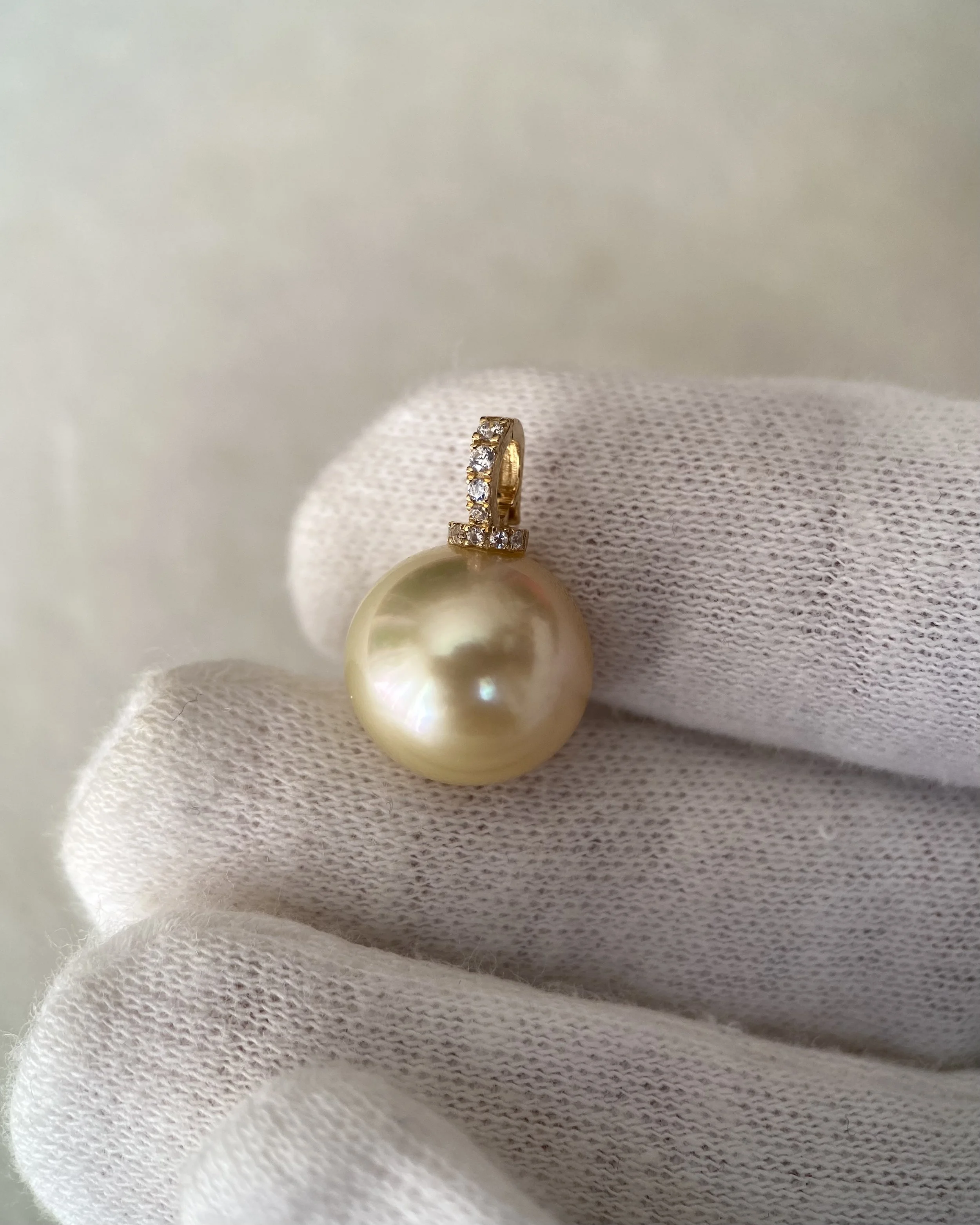 12.1mm Genuine Golden South Sea Pearl Pendant, Solid 18K Gold Clip Bail, Pavé CZ Diamond Accents, Mirror-Like Lustre, Gift For Her Starlit Pearls