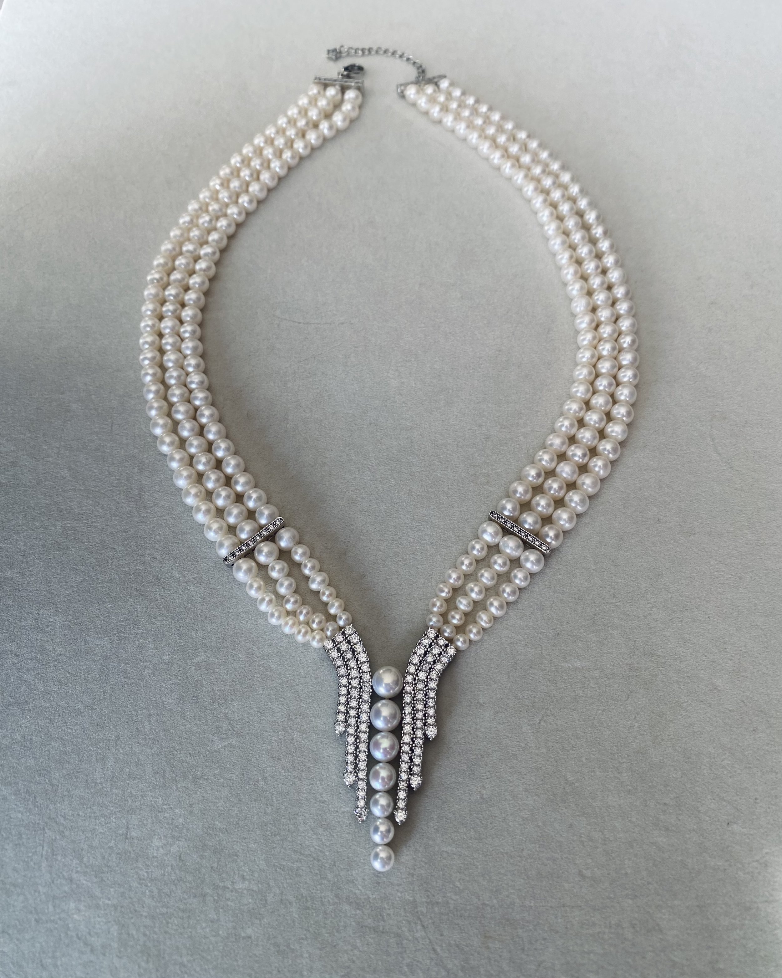 Triple-Strand Classic White Nucleus-Free Freshwater Pearl Necklace 6mm, Graduated Cascade Drop Design, S925 Sterling Silver Starlit Pearls