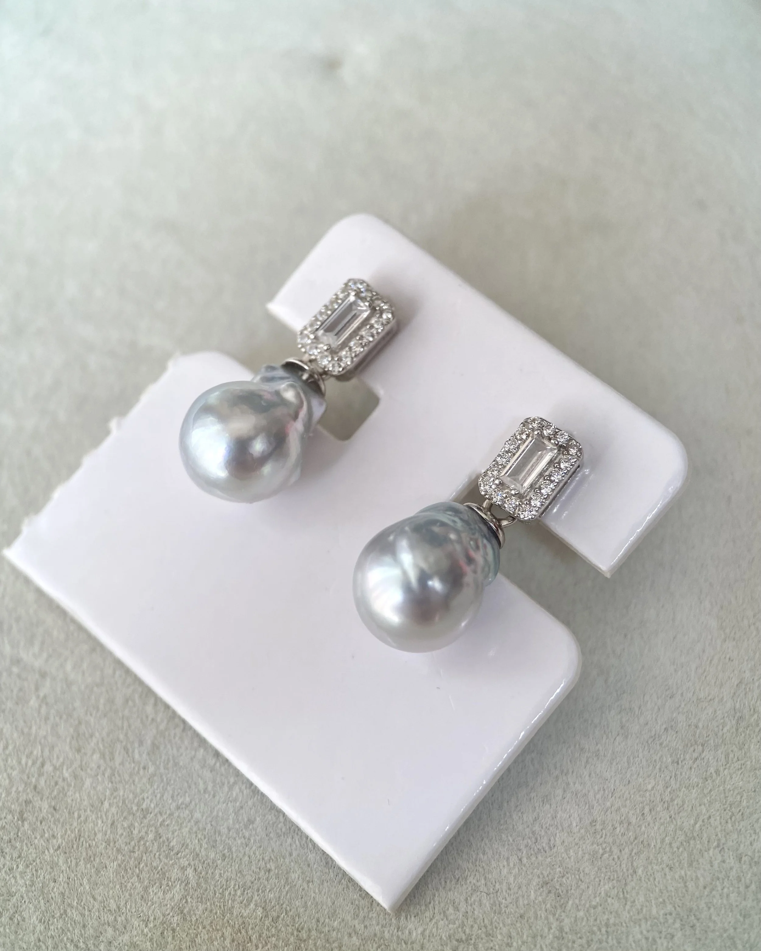 Rare Silver Australian South Sea Baroque Pearl Drop Earrings 11mm, Cool Icy Silver Lustre, S925 Silver Baguette CZ Design, Show Piece Starlit Pearls
