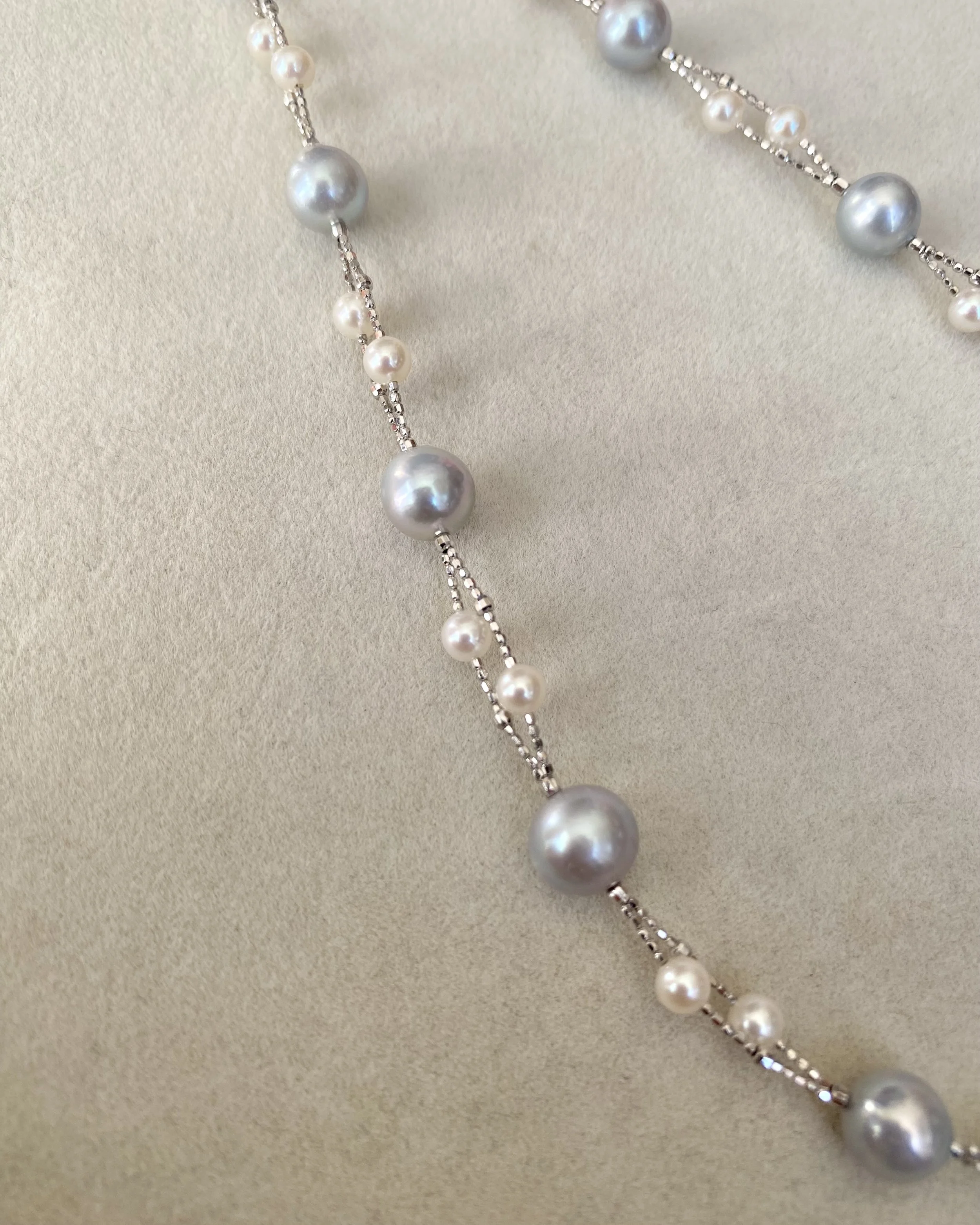 'Celestial Drift' Natural Silver-Grey Japanese Madama Akoya & Mini White Pearl Double-Strand Necklace 7–8mm/3mm, Japanese S925 Silver Starlit Pearls